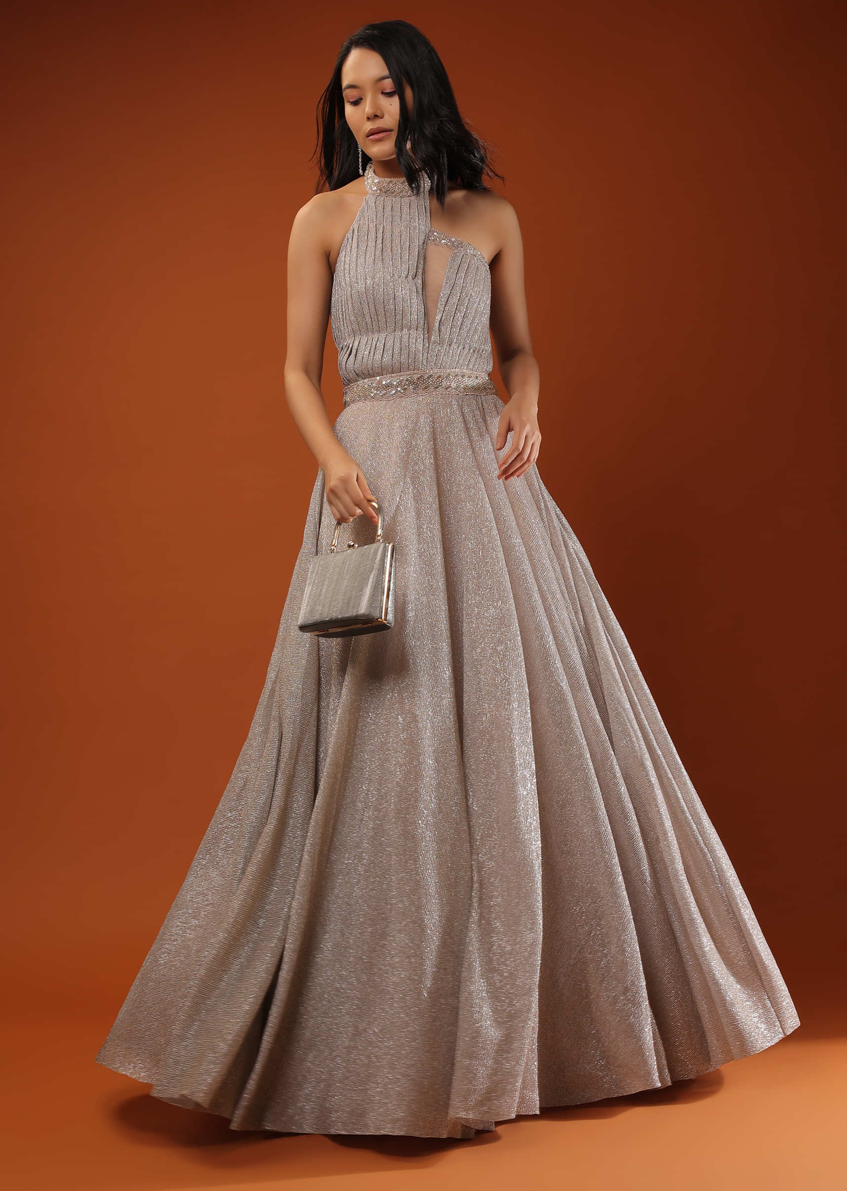 Champagne Gown In Shimmer Crush With Halter Neckline And Pleated Bodice Featuring Sheer Cut Out