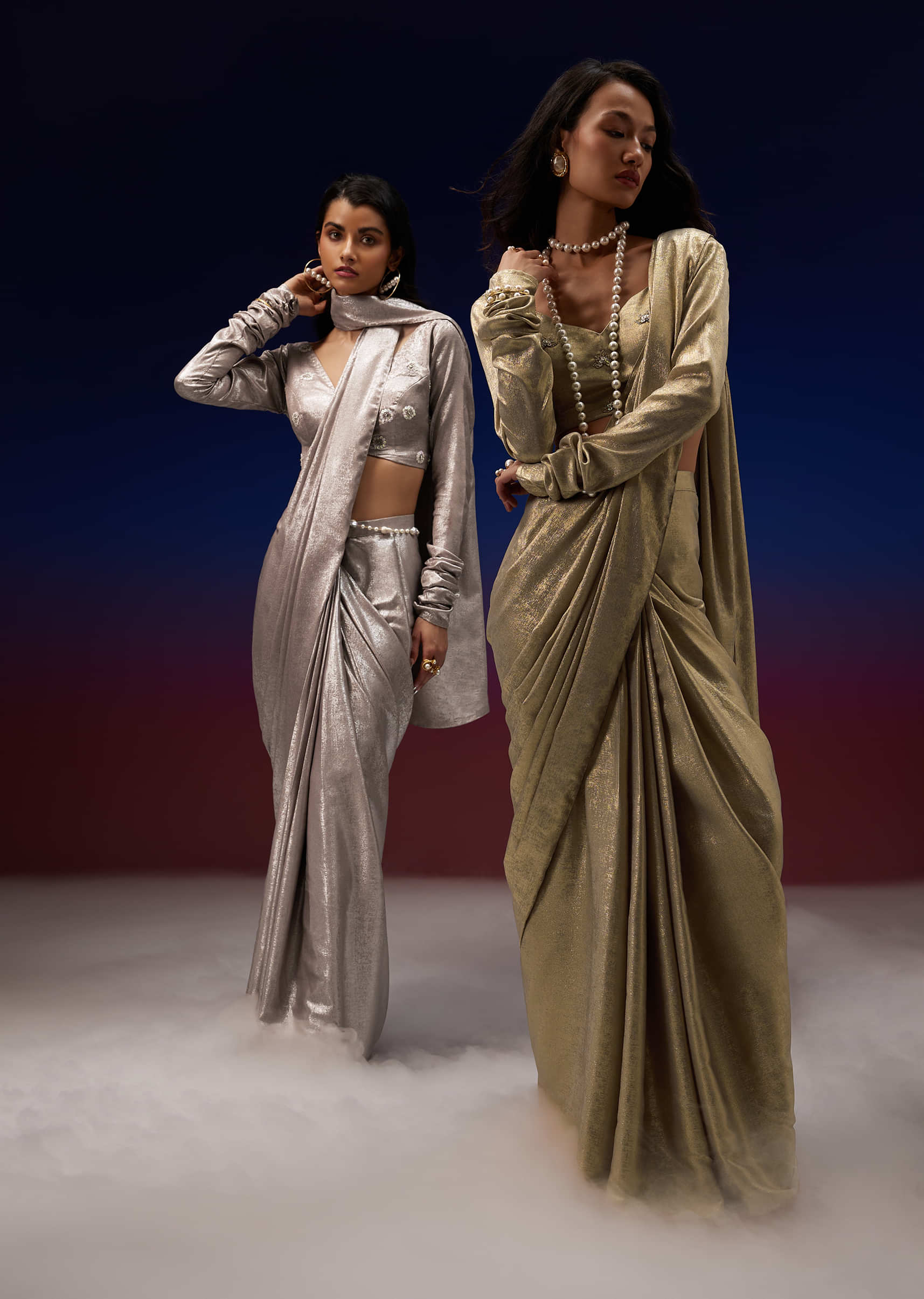 Champion Beige Gold-Stitched Saree in Foil Fabric
