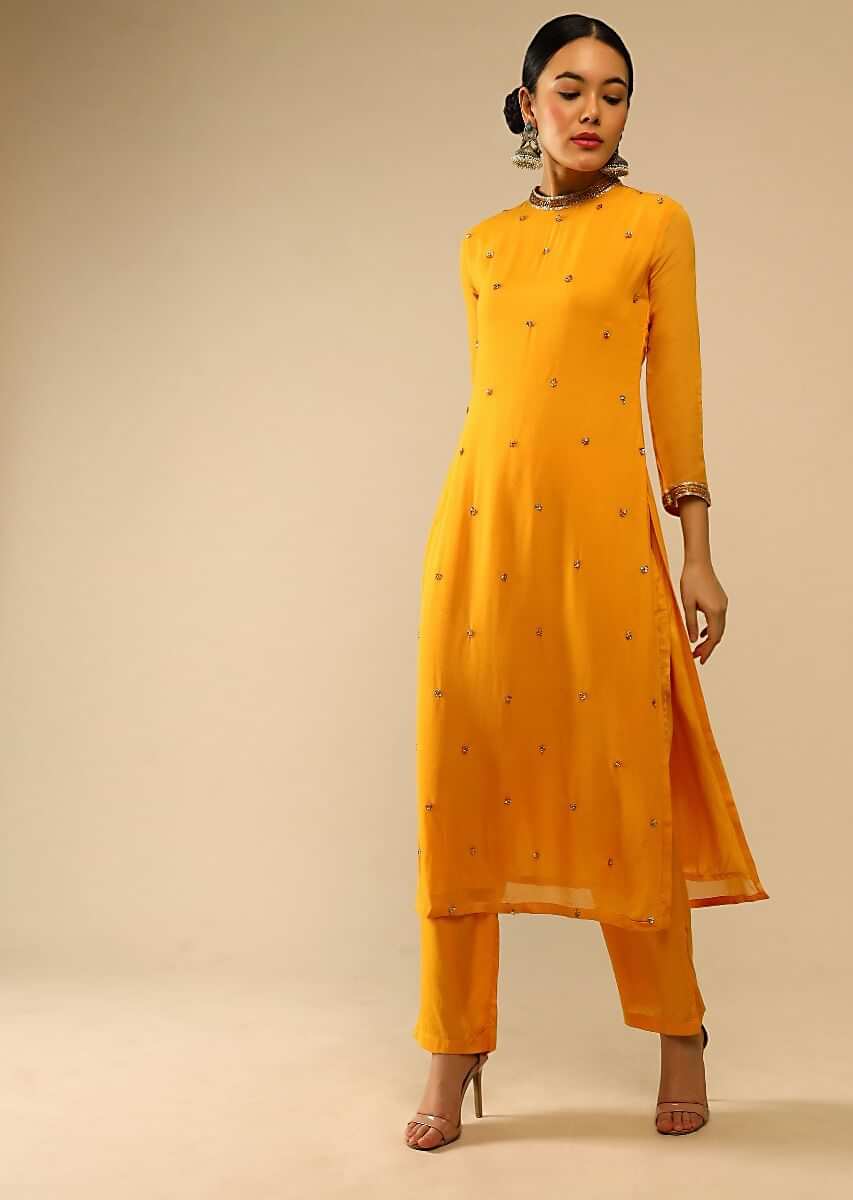 Cheddar Yellow Straight Cut Georgette Suit With Sequin Embellished Buttis