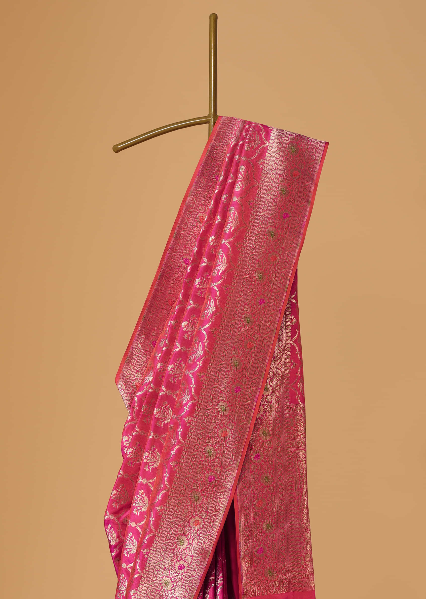 Cheery Pink Handloom Banarasi Saree In Uppada Silk With Gold Weave Meenakari Border
