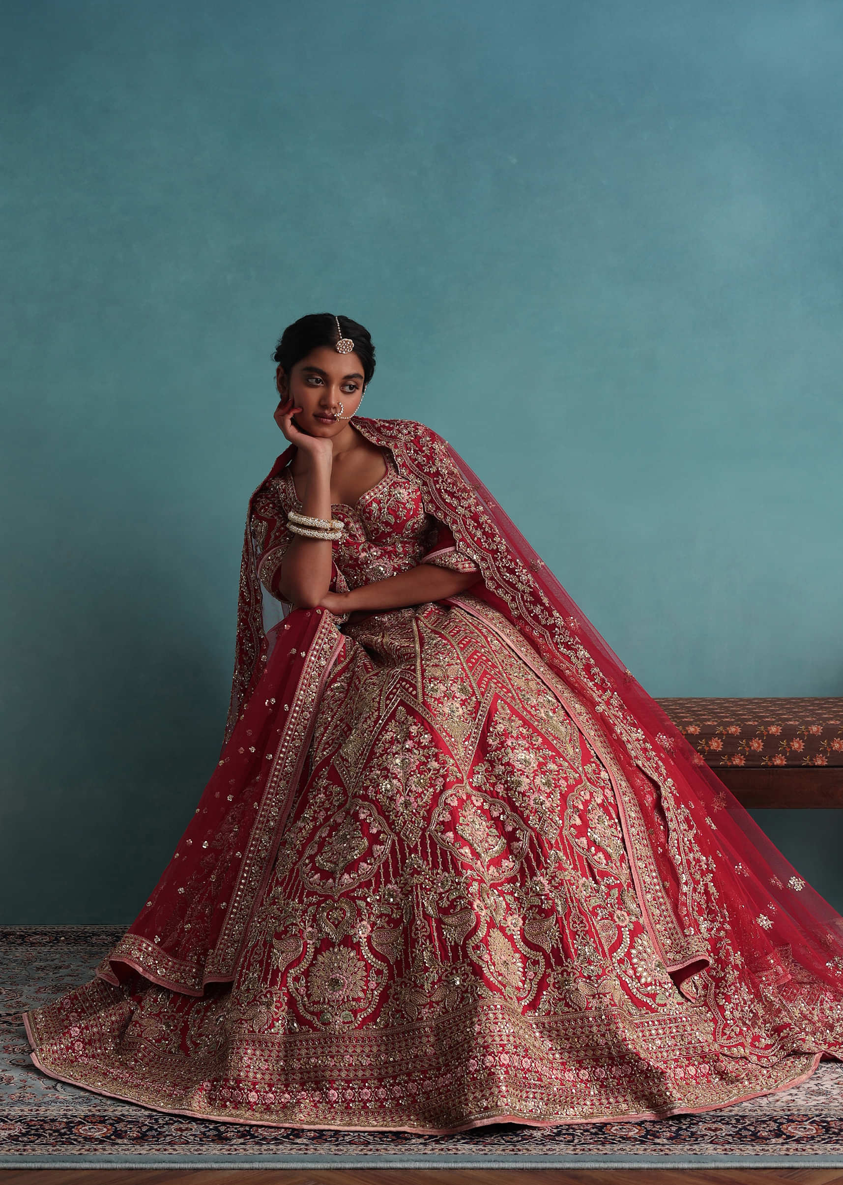 Cherry Red 14 Kali Embroidered Bridal Lehenga In Raw Silk With Two Dupattas
