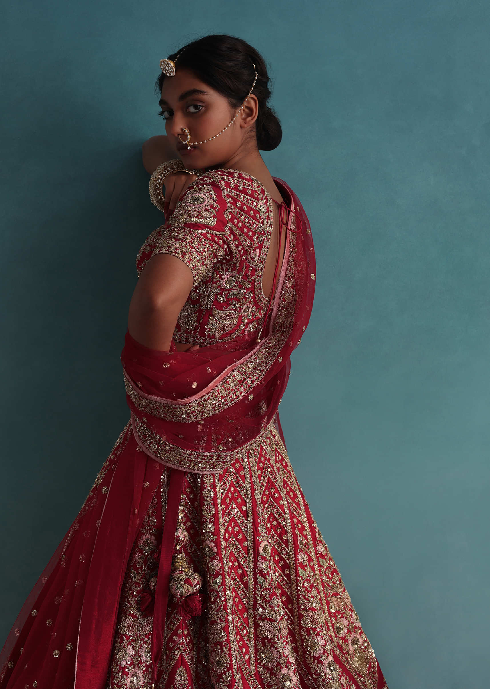Cherry Red 14 Kali Embroidered Bridal Lehenga In Raw Silk With Two Dupattas