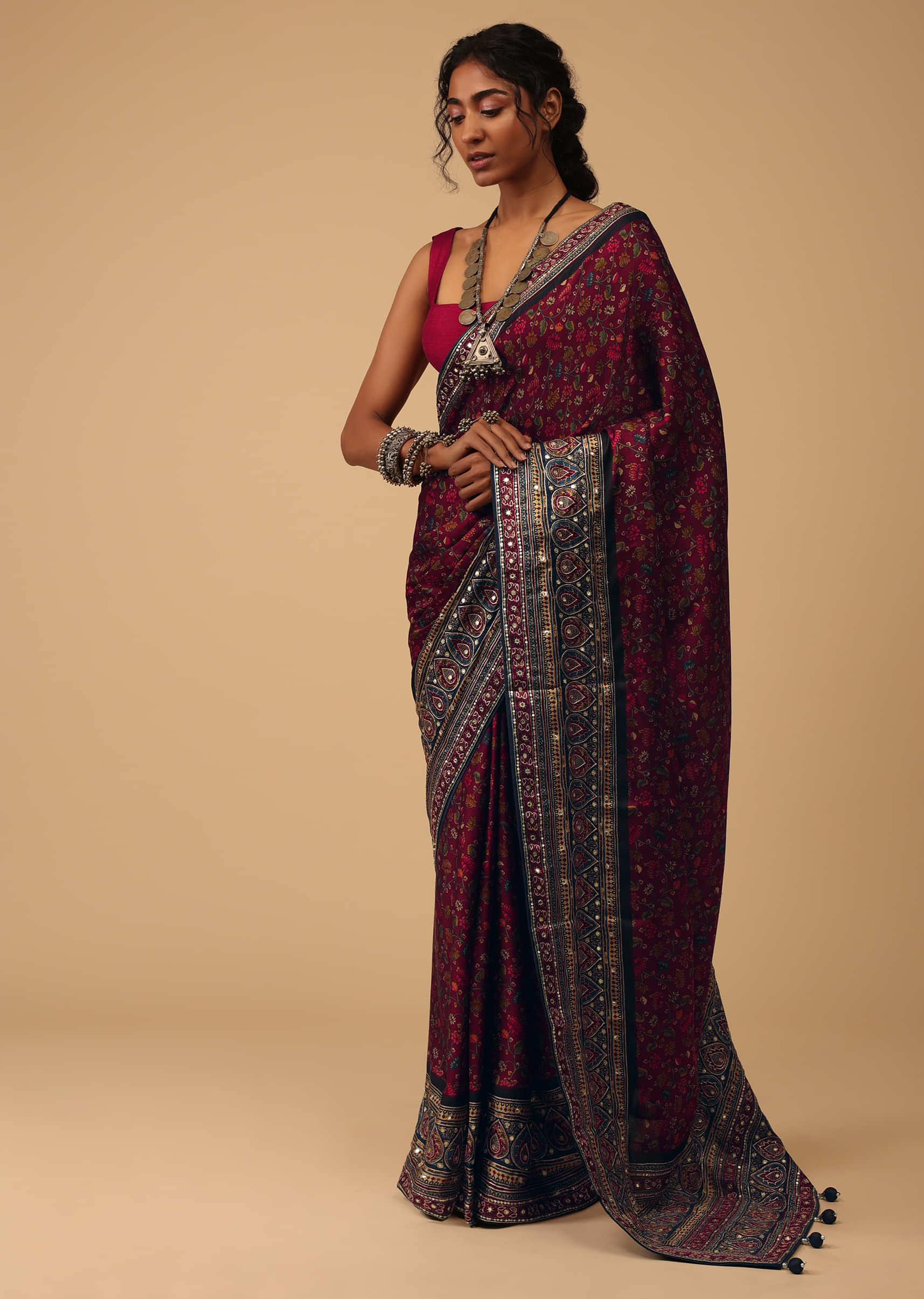 Cherry Red Muslin Saree With Ajrakh Border And Floral Print