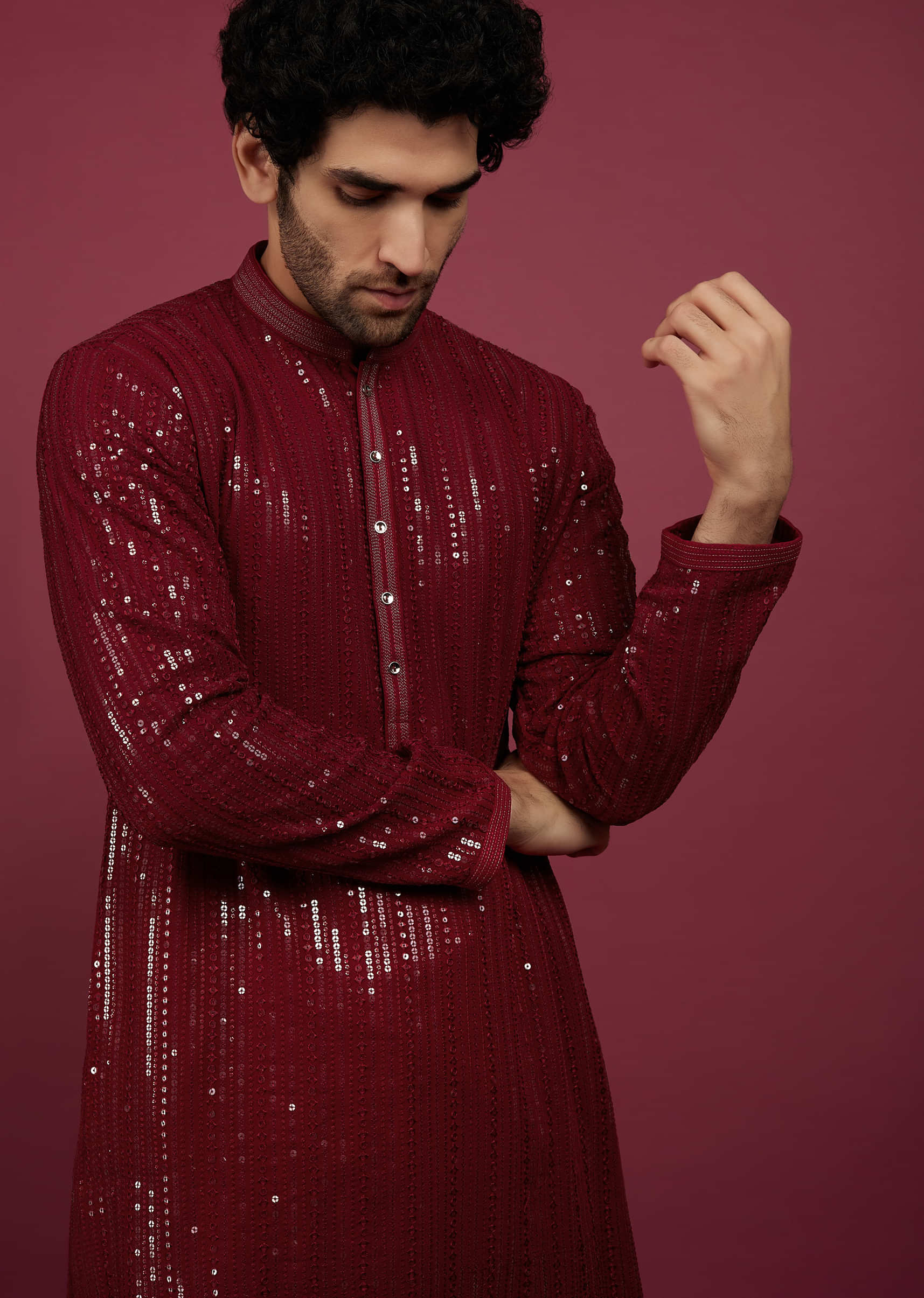Blood Red Silk Embroidered Kurta Set In Sequins And Thread Work