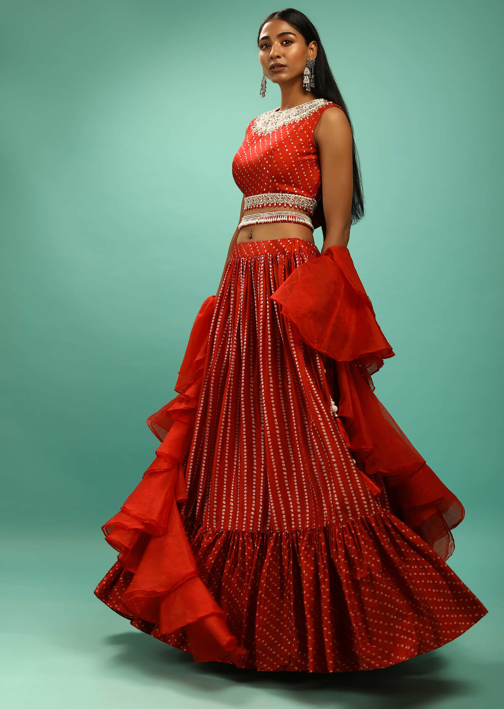 Chilly Red Crop Top And Lehenga Set With Bandhani Print And Moti Work 