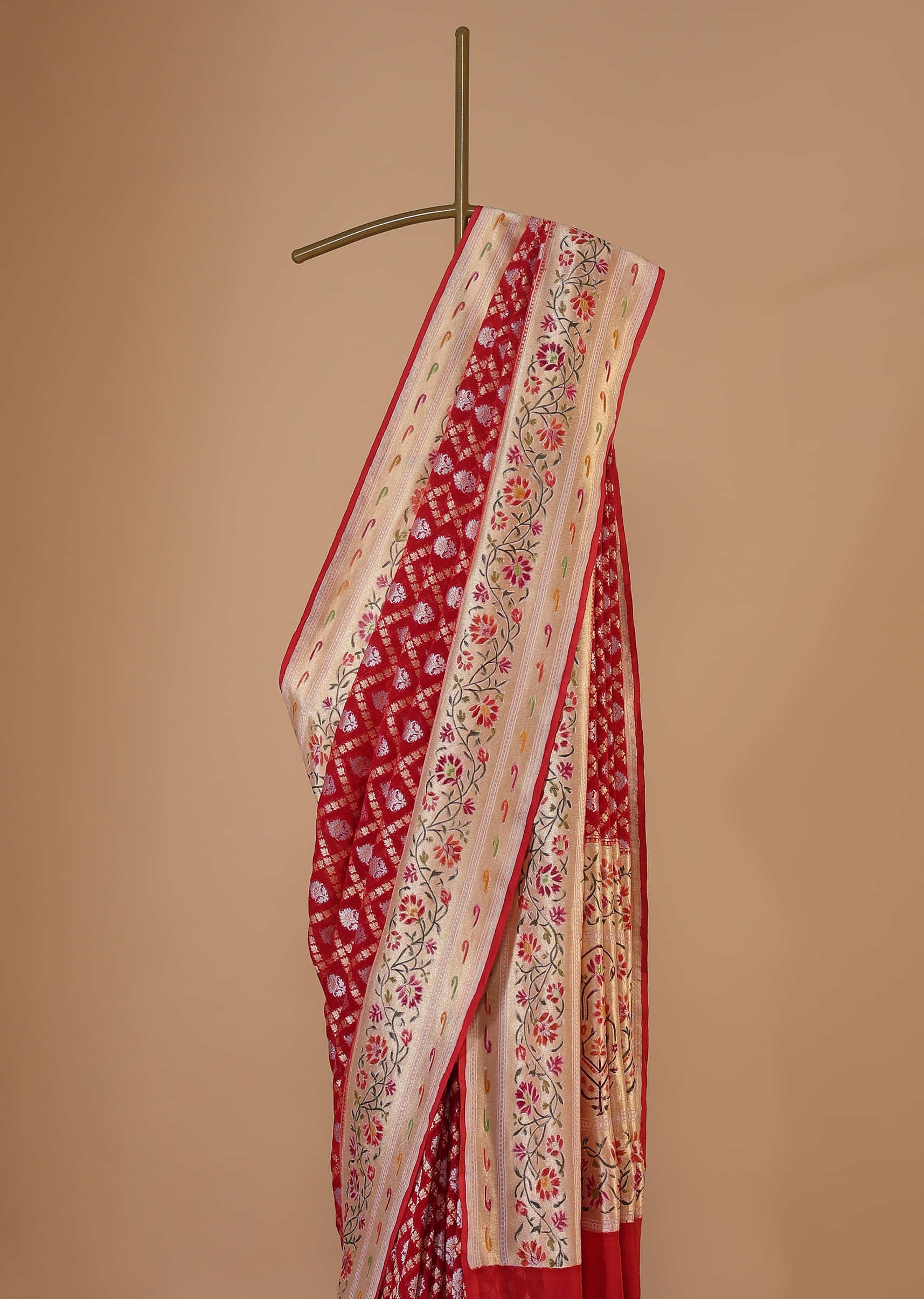 Maroon Red Georgette Saree With Banarasi Zari With Khaddi Border And An Unstitched Blouse