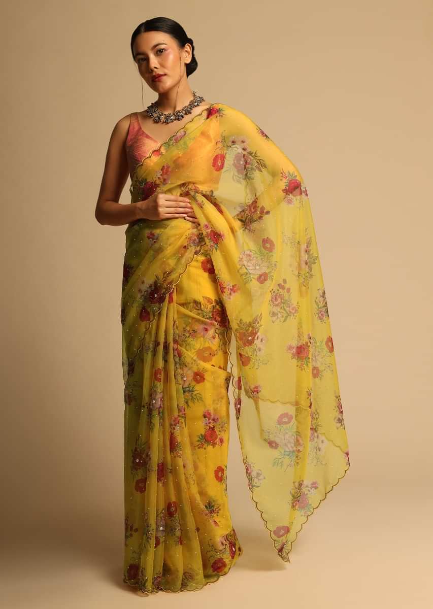Chrome Yellow Saree In Organza With Floral Print All Over And Scalloped Resham Border Along With Unstitched Blouse