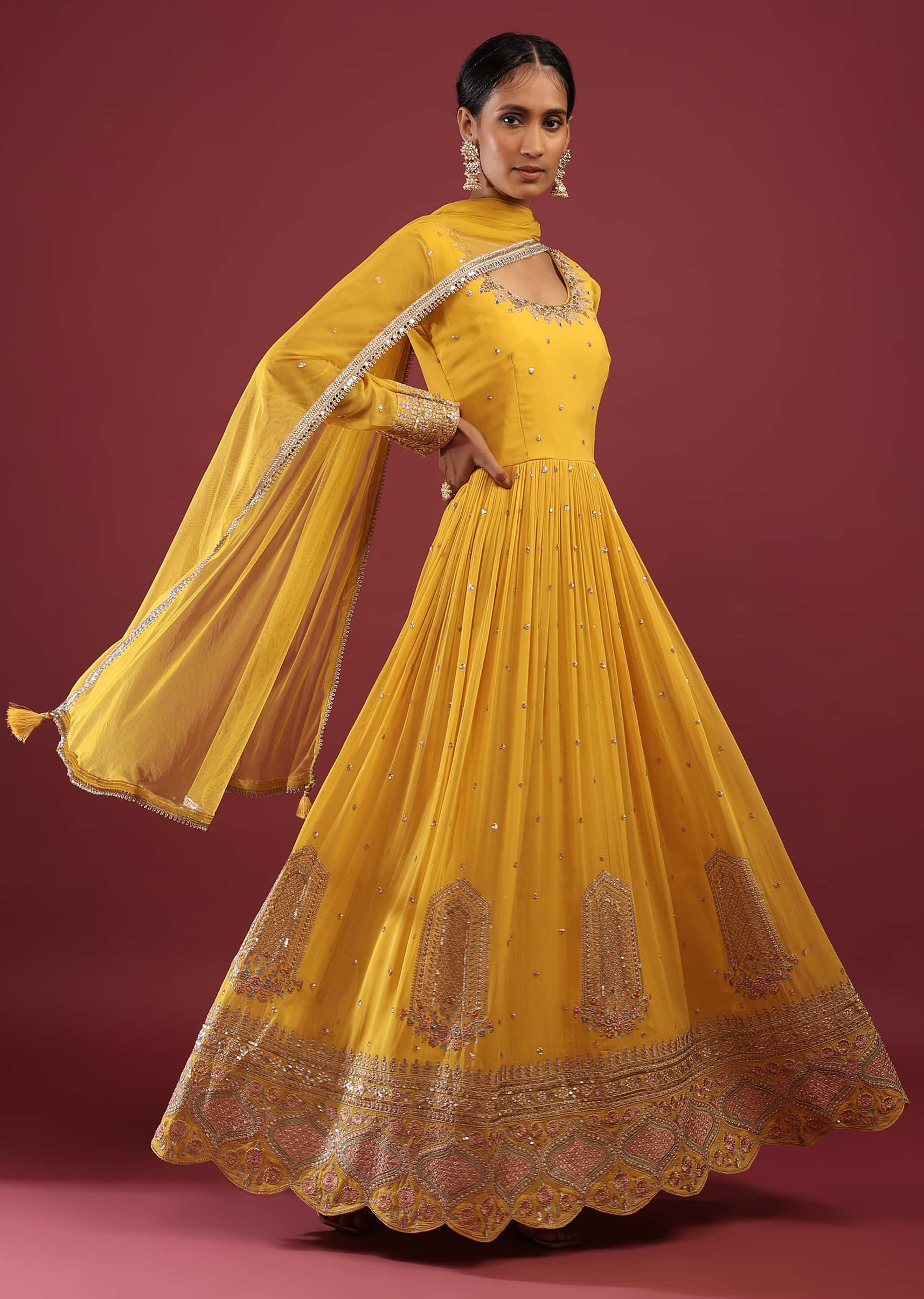 Canary Yellow Anarkali Suit In Georgette With Multicolored Resham And Zari Embroidered Mughal Design
