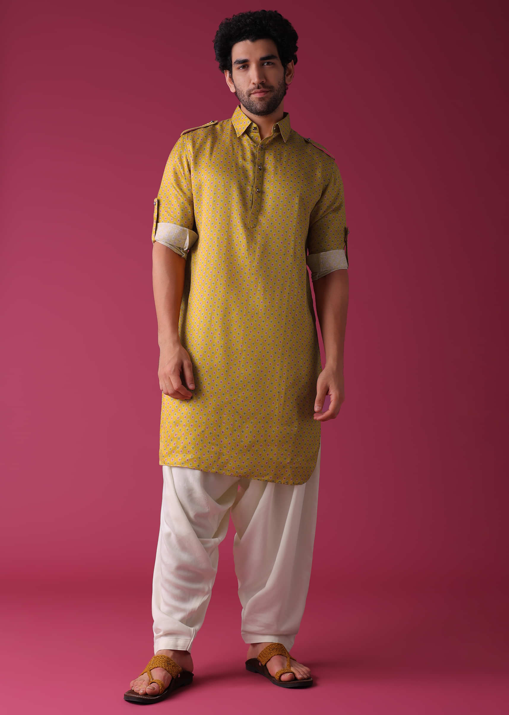 Chrome Yellow Jacket Kurta Set In Linen With Floral Pattern