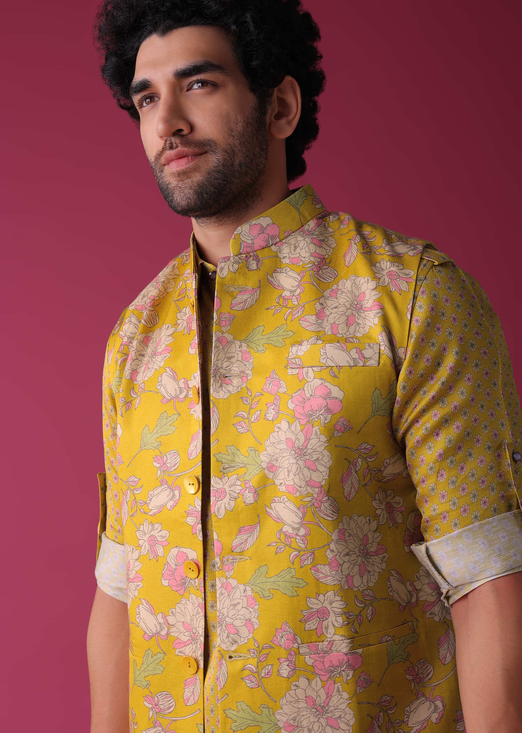 Chrome Yellow Jacket Kurta Set In Linen With Floral Pattern