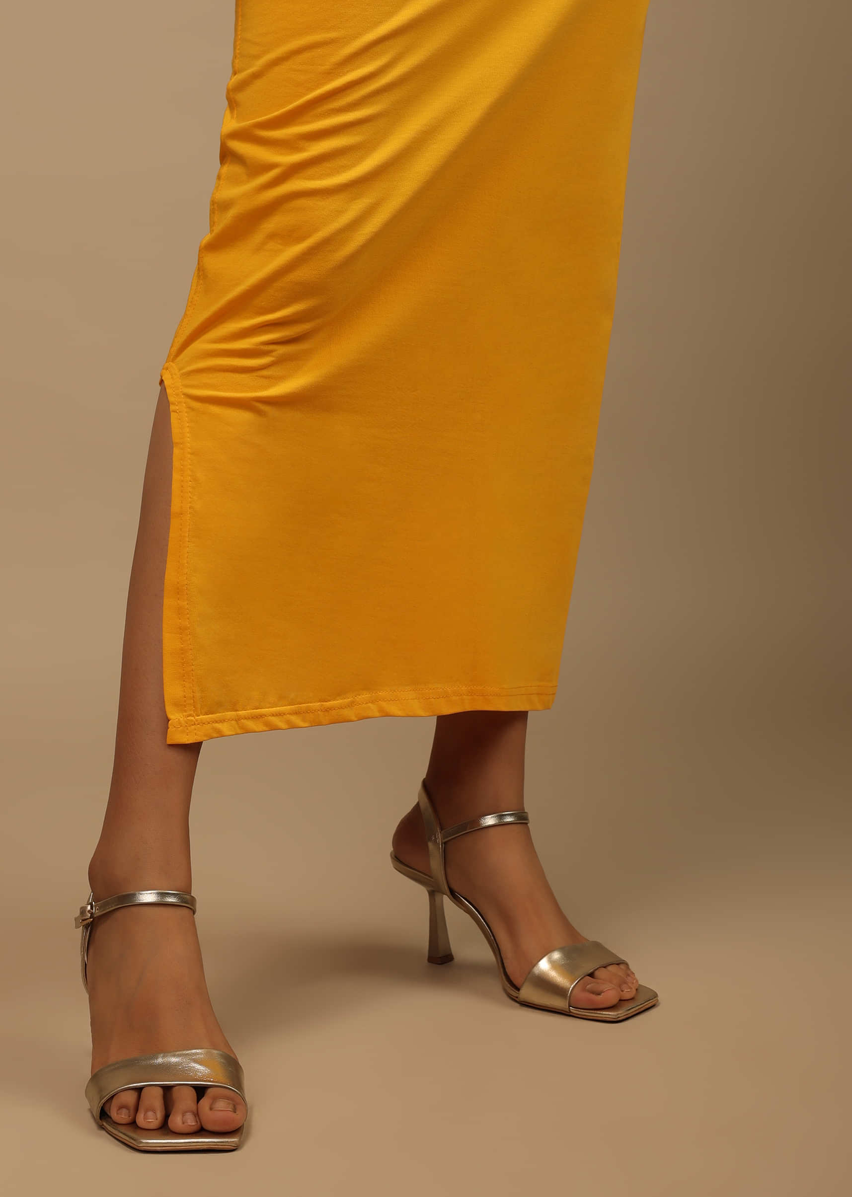 Chrome Yellow Shapewear Saree Petticoat In Cotton Lycra With Elastic Waistband And Slit