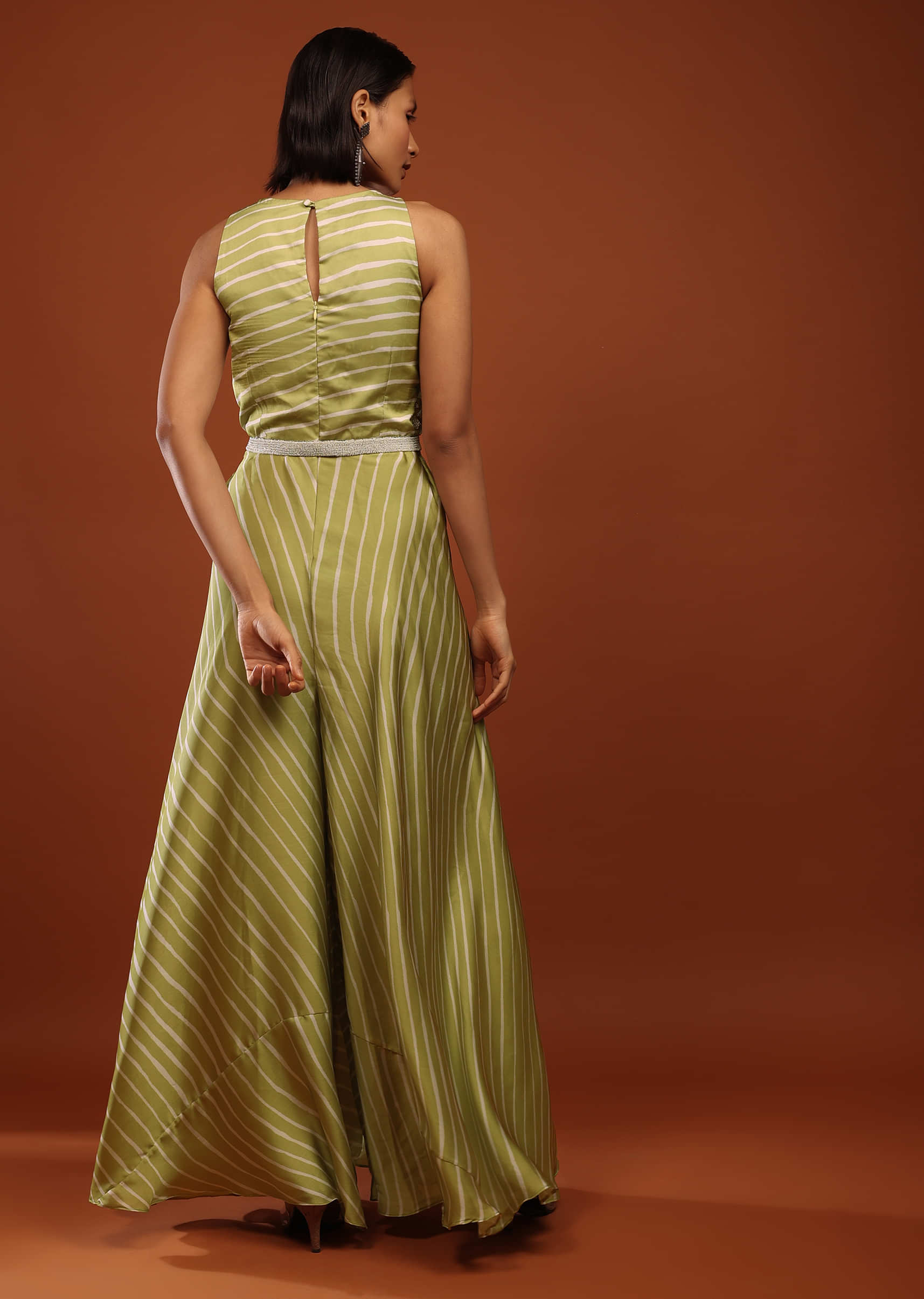 Lime Green Jumpsuit In Satin With Lehariya Print And Moti Embroidery