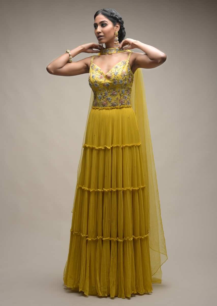 Citrus Indowestern Tiered suit In Georgette With Resham And Beads Embroidered Floral Pattern  