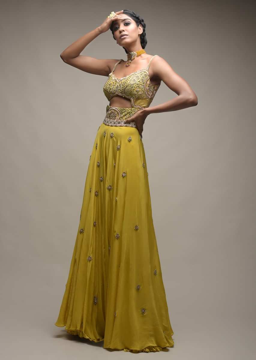 Citrus Jumpsuit In Crepe With Front Cut Out And Zardozi Embroidered Floral Jaal  