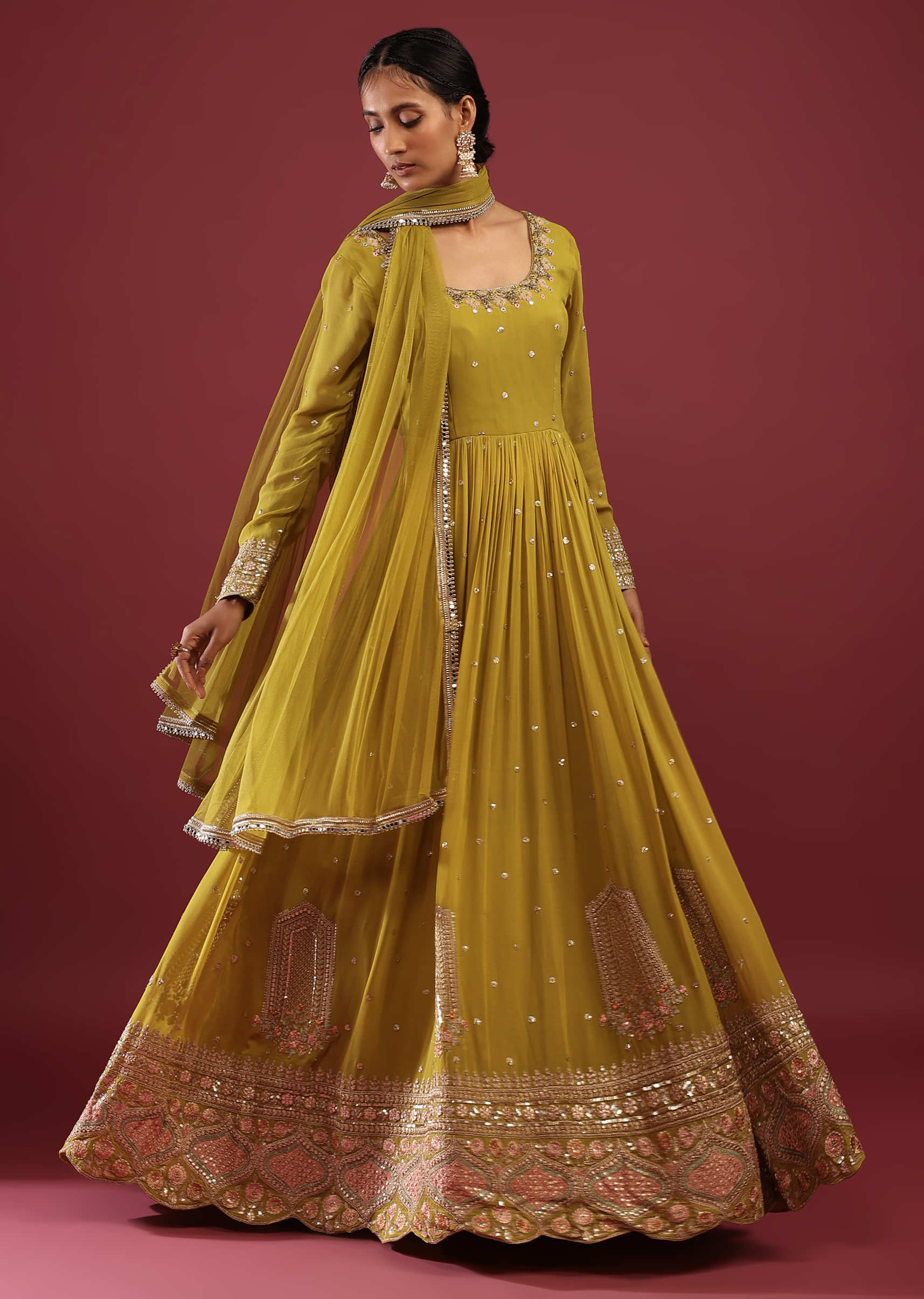 Lime Green Anarkali Suit In Georgette With Multicolored Resham And Zari Embroidered Mughal Design