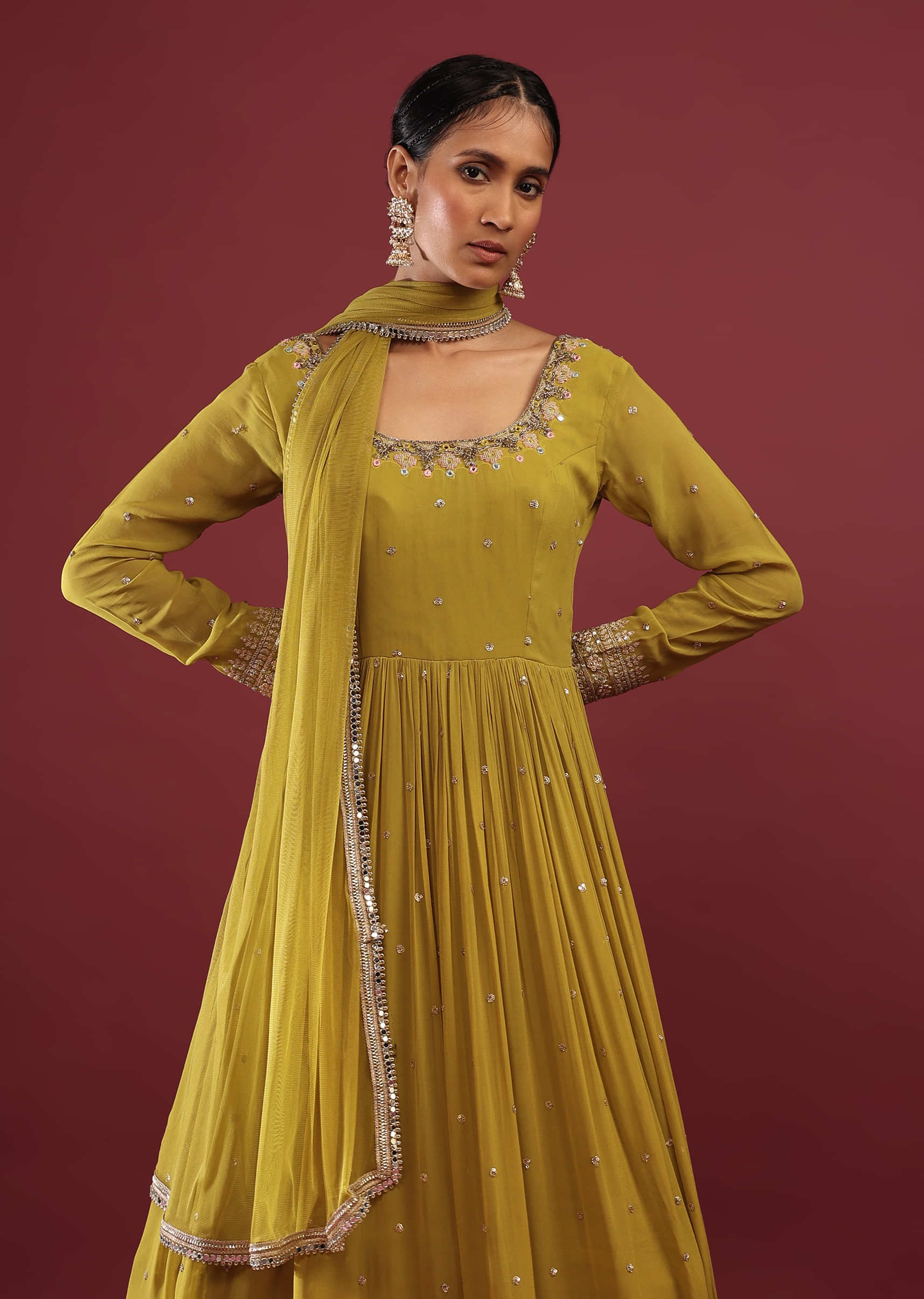 Lime Green Anarkali Suit In Georgette With Multicolored Resham And Zari Embroidered Mughal Design