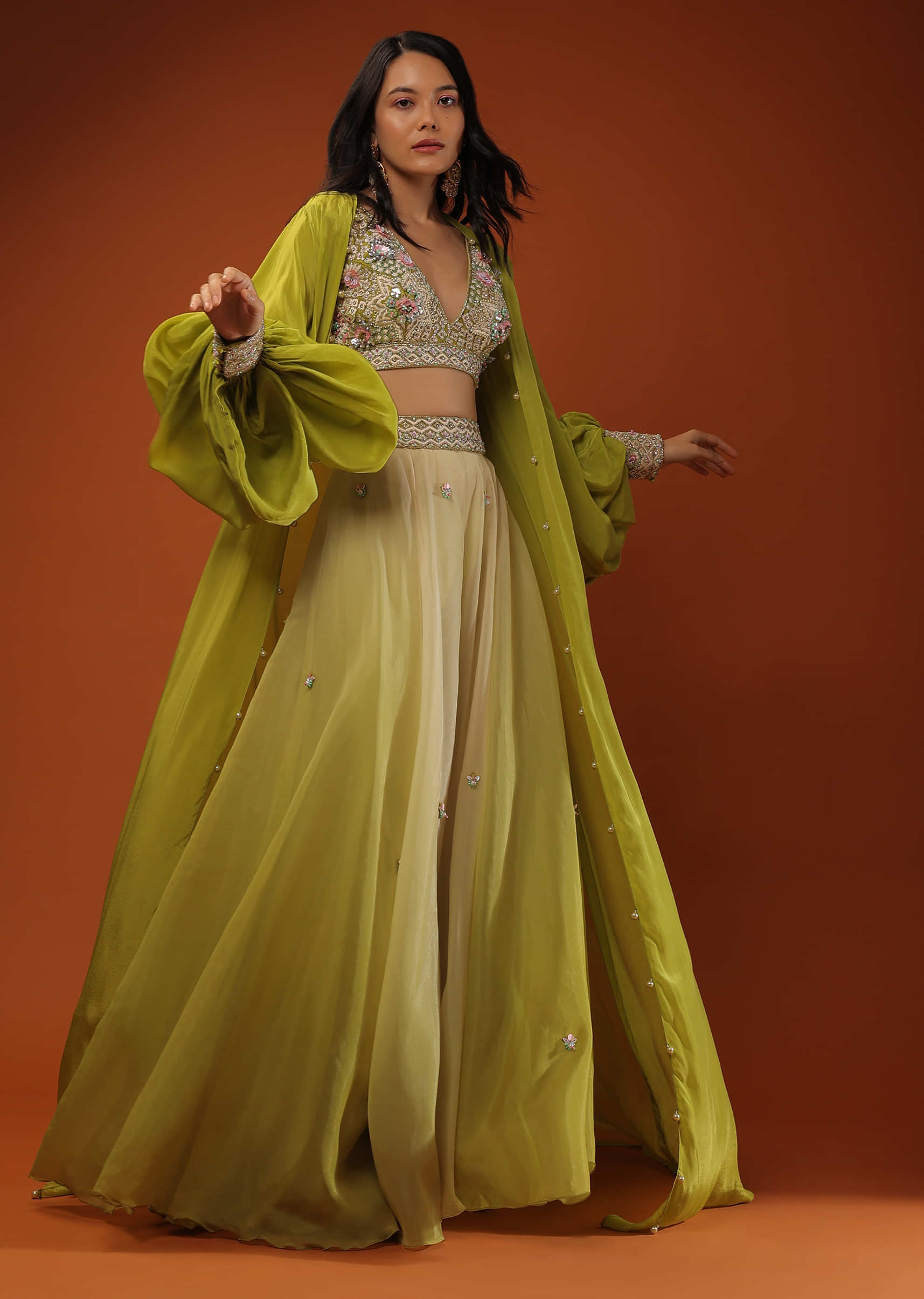 Citrus Green Palazzo Set With A Crop Top In Mirror Work Floral Embroidered Butttis