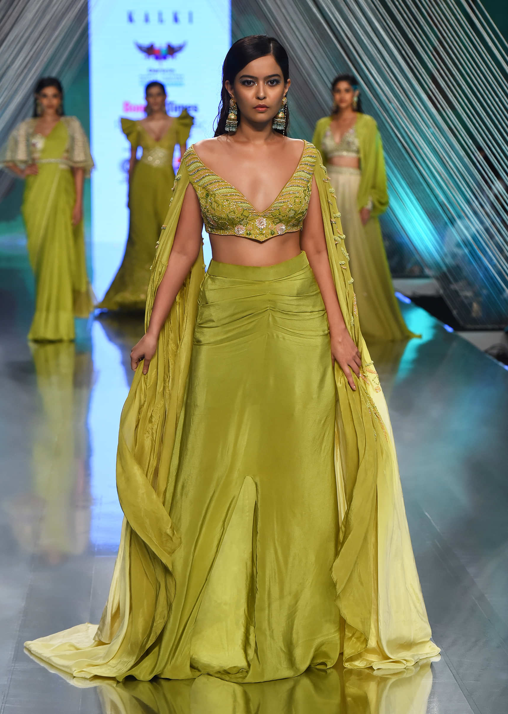 Citrus Mermaid Dhoti Skirt With A Crop Top In Long Cape Embroidered Sleeves, Plunging V Neckline In Embroidery