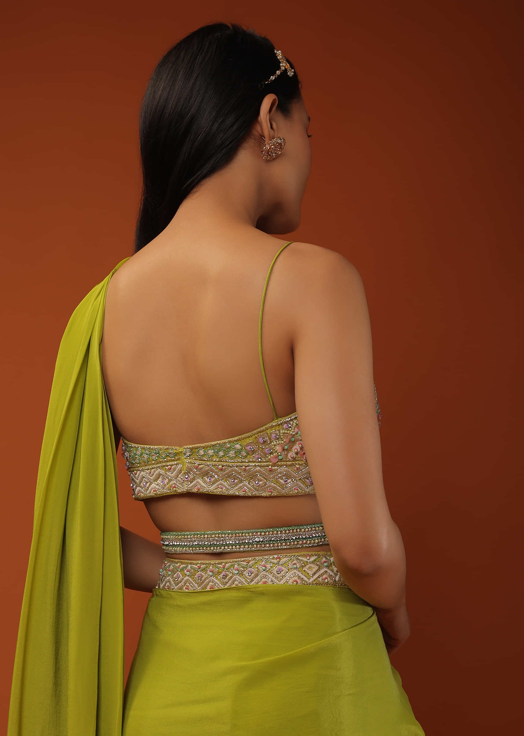 Citrus Green Ready Pleated Crepe Saree with Net Cape and V-Neck Crop Top with Hemline Cut Out