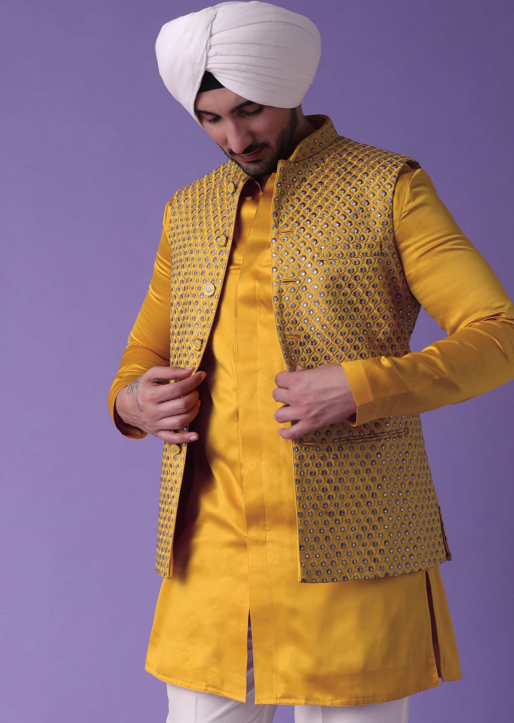 Citrus Yellow Embroidered Bandi Jacket Set In Silk