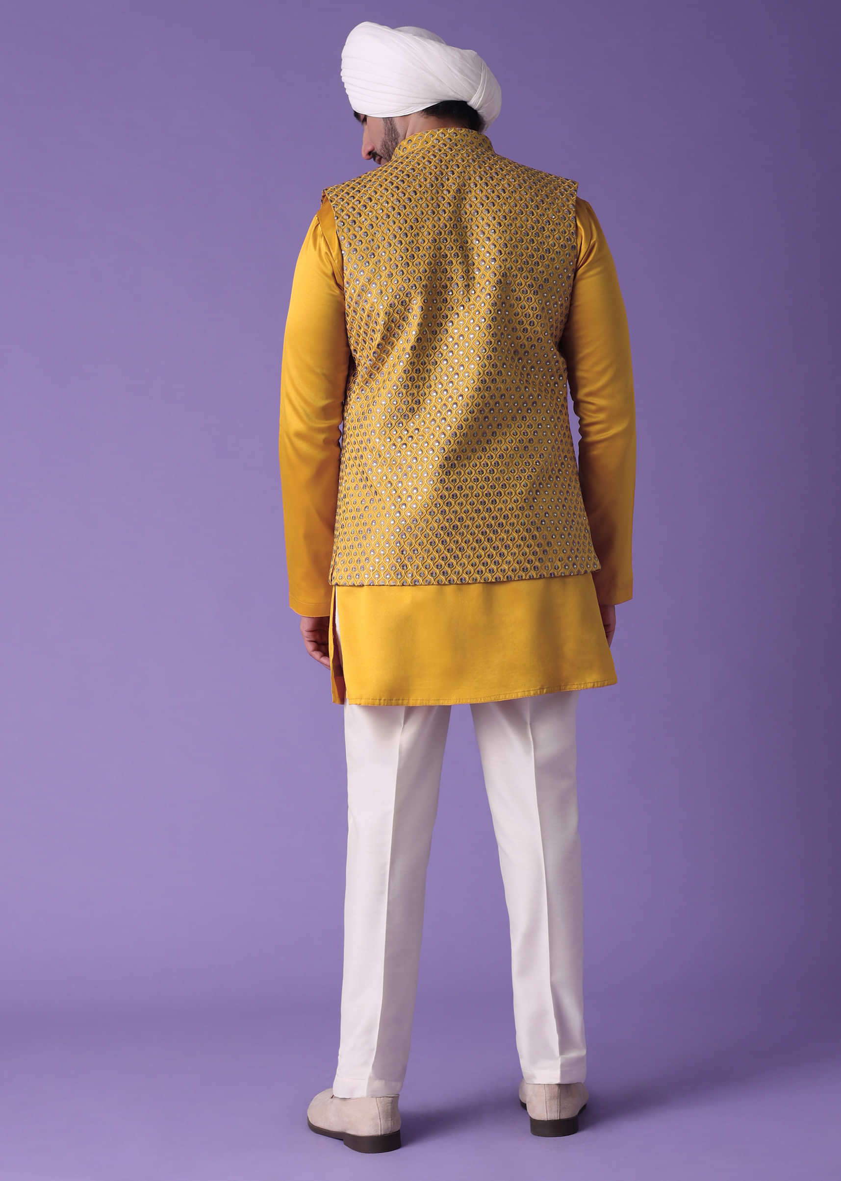 Citrus Yellow Embroidered Bandi Jacket Set In Silk
