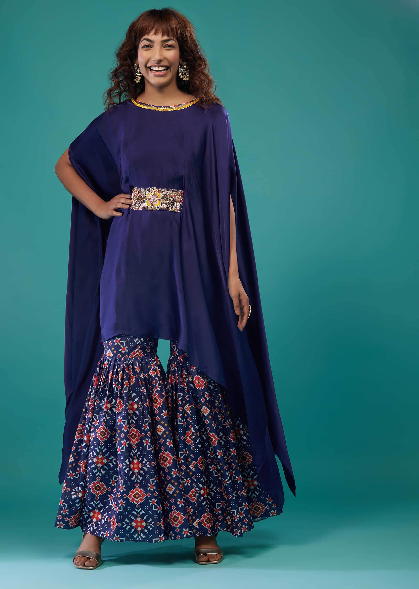 Indigo Blue Printed Sharara Suit Se With Kaftan Top In Satin