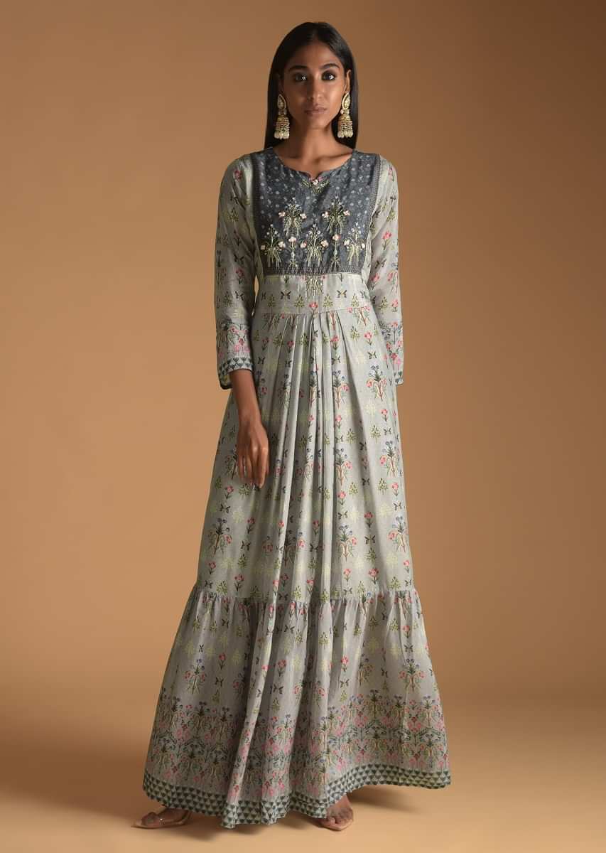 Cloud Grey Cotton Silk Tunic With Embroidery On The Bodice And Printed Floral And Bird Motifs  