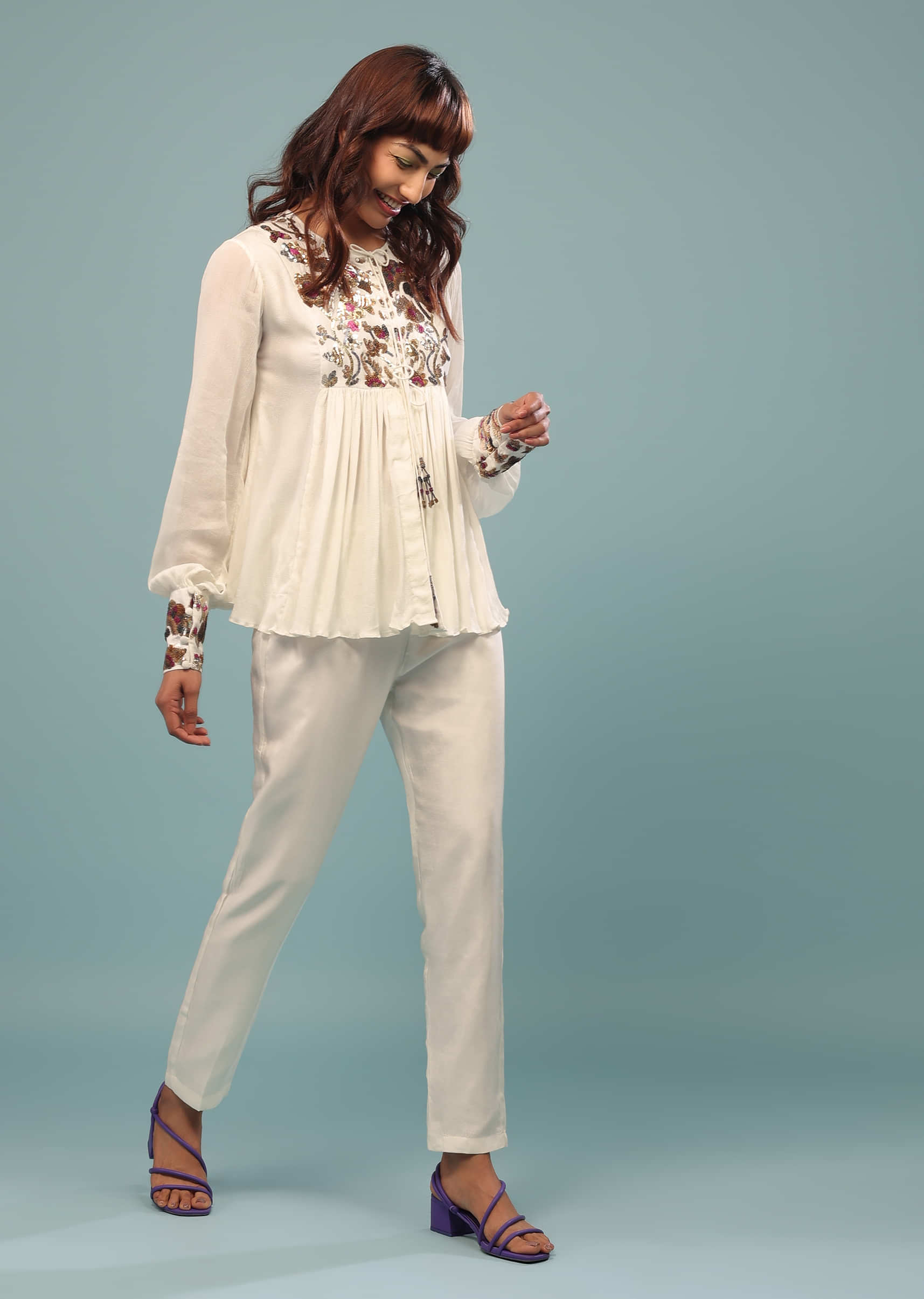 Daisy White Embroidered Pant-Top Set In Georgette