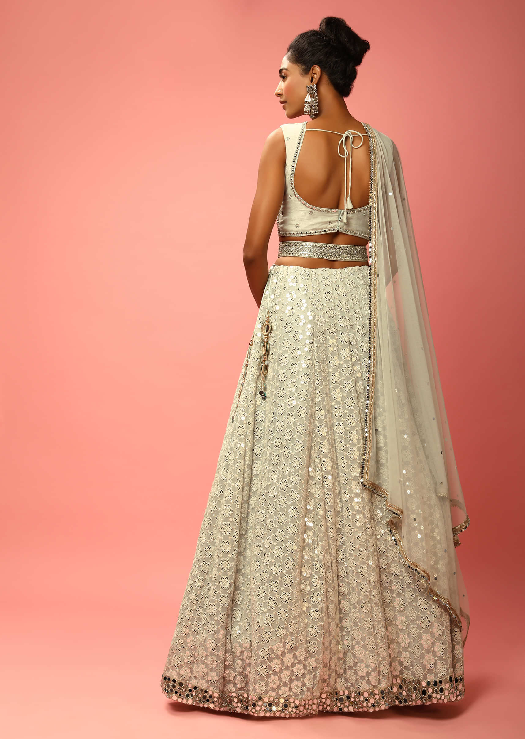 Cloud Grey Lehenga Choli In Georgette With Sequins Embroidered Jaal And Mirror Border 