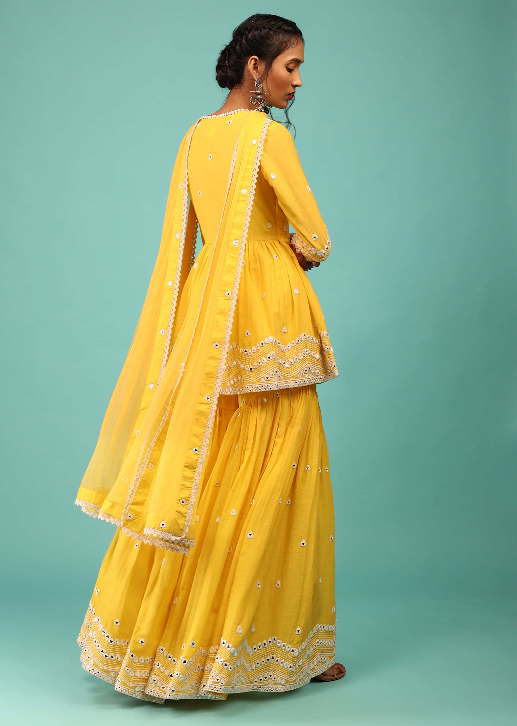 Cyber Yellow Sharara Suit In Cotton With Lucknowi Geometric Embroidery & Angarakha Peplum Top