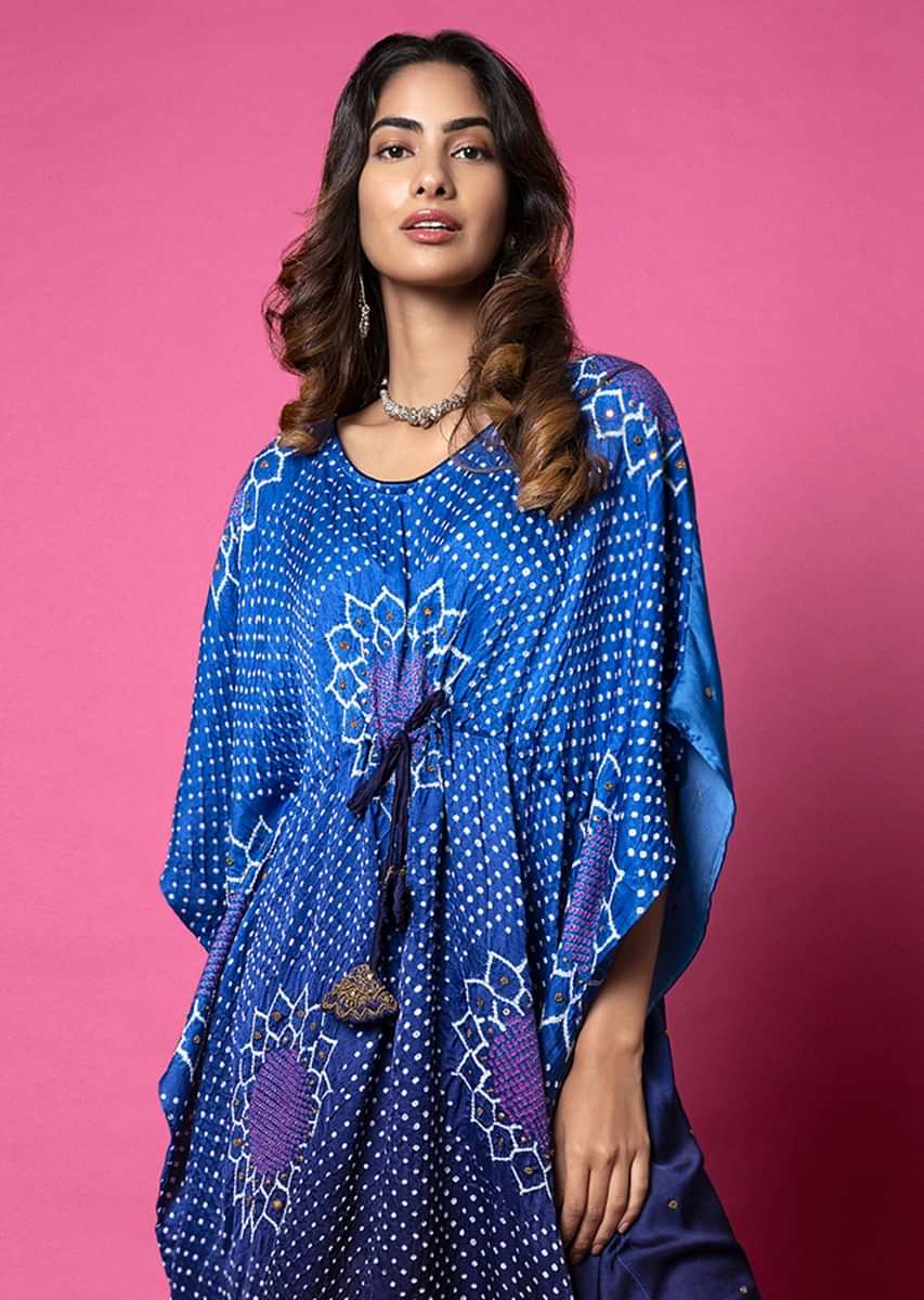 Cobalt Blue Kaftan And Tulip Pants Set With Bandhani And Hand Embroidery  