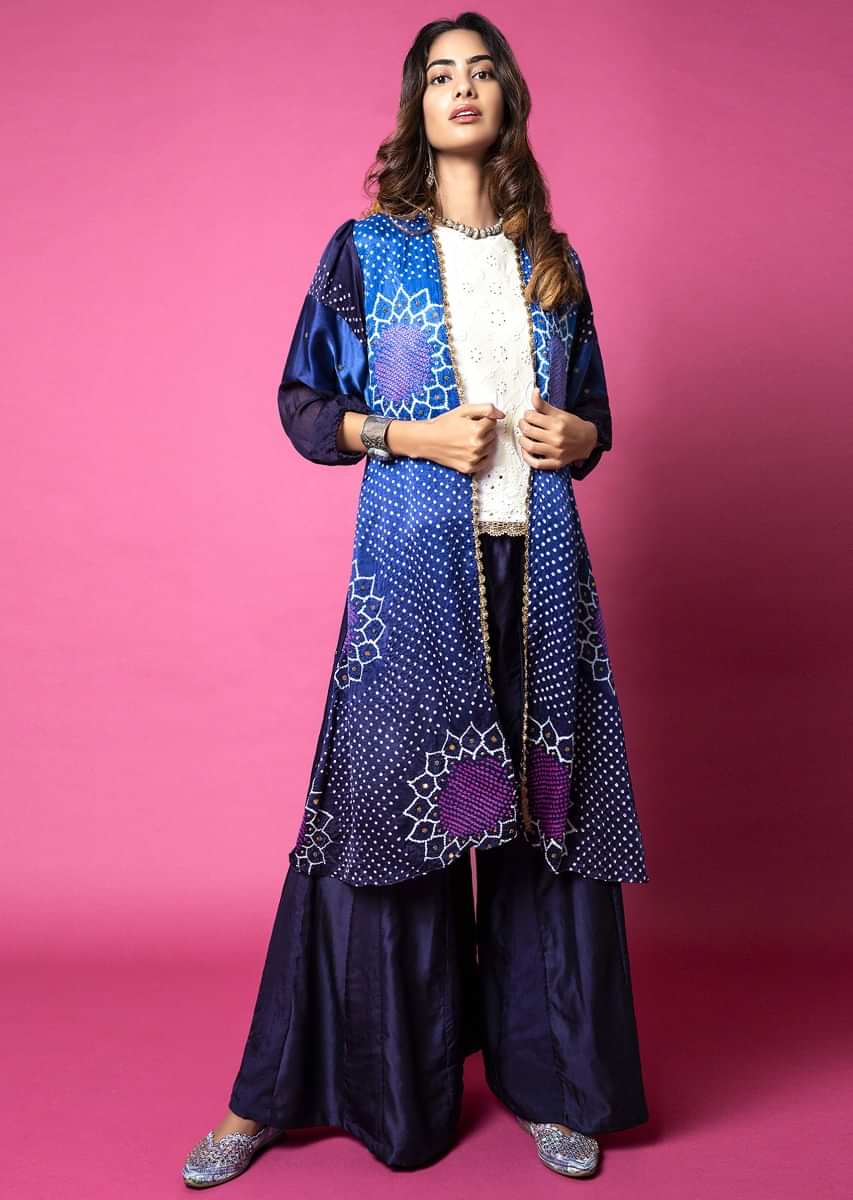 Cobalt Blue Paneled Sharara Pants And Bandhani Jacket Paired With Lucknowi Embroidered Top  