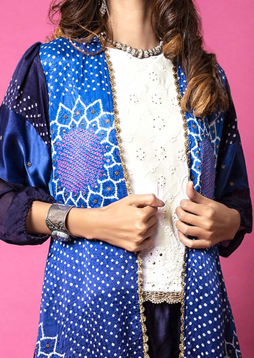Cobalt Blue Paneled Sharara Pants And Bandhani Jacket Paired With Lucknowi Embroidered Top  