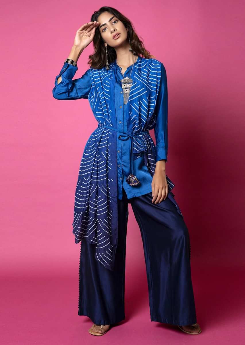 Cobalt Blue Shirt With Attached Midnight Blue Ombré Bandhani Drape And Pleated Midnight Blue Palazzo Pants  