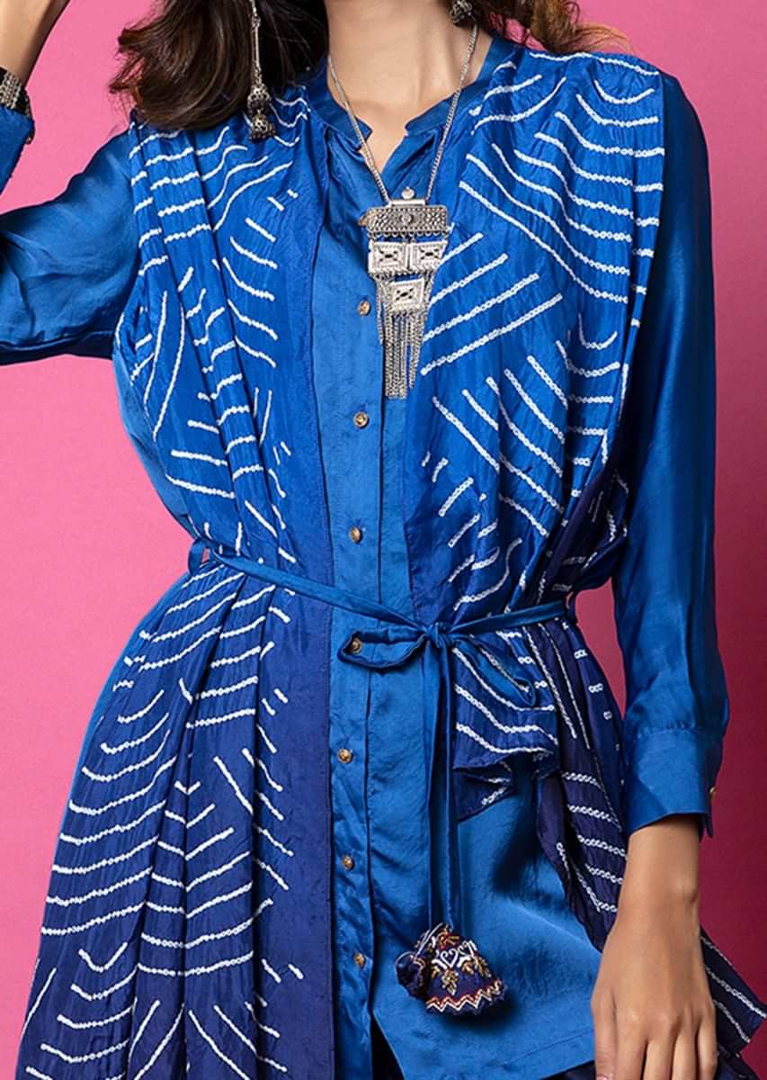 Cobalt Blue Shirt With Attached Midnight Blue Ombré Bandhani Drape And Pleated Midnight Blue Palazzo Pants  