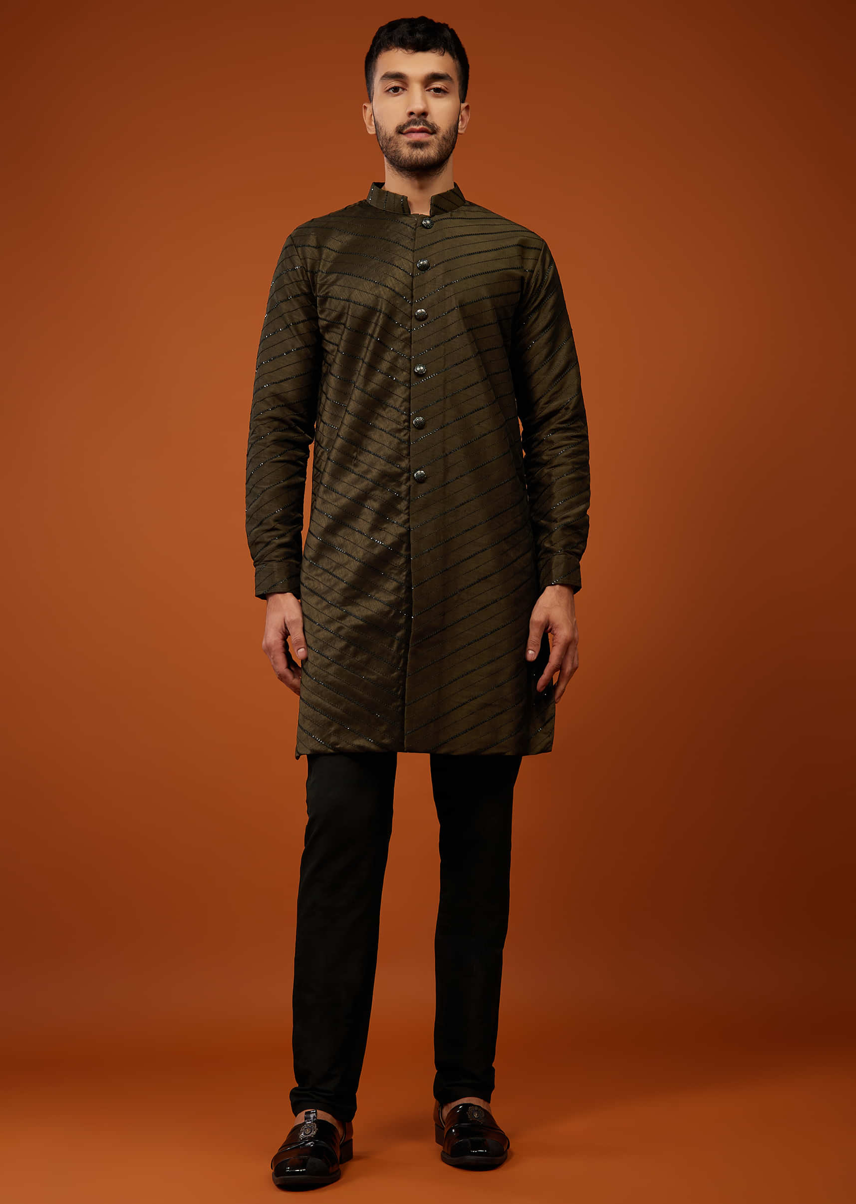 Dark Brown Embroidered Bandi Jacket Set In Cotton Silk