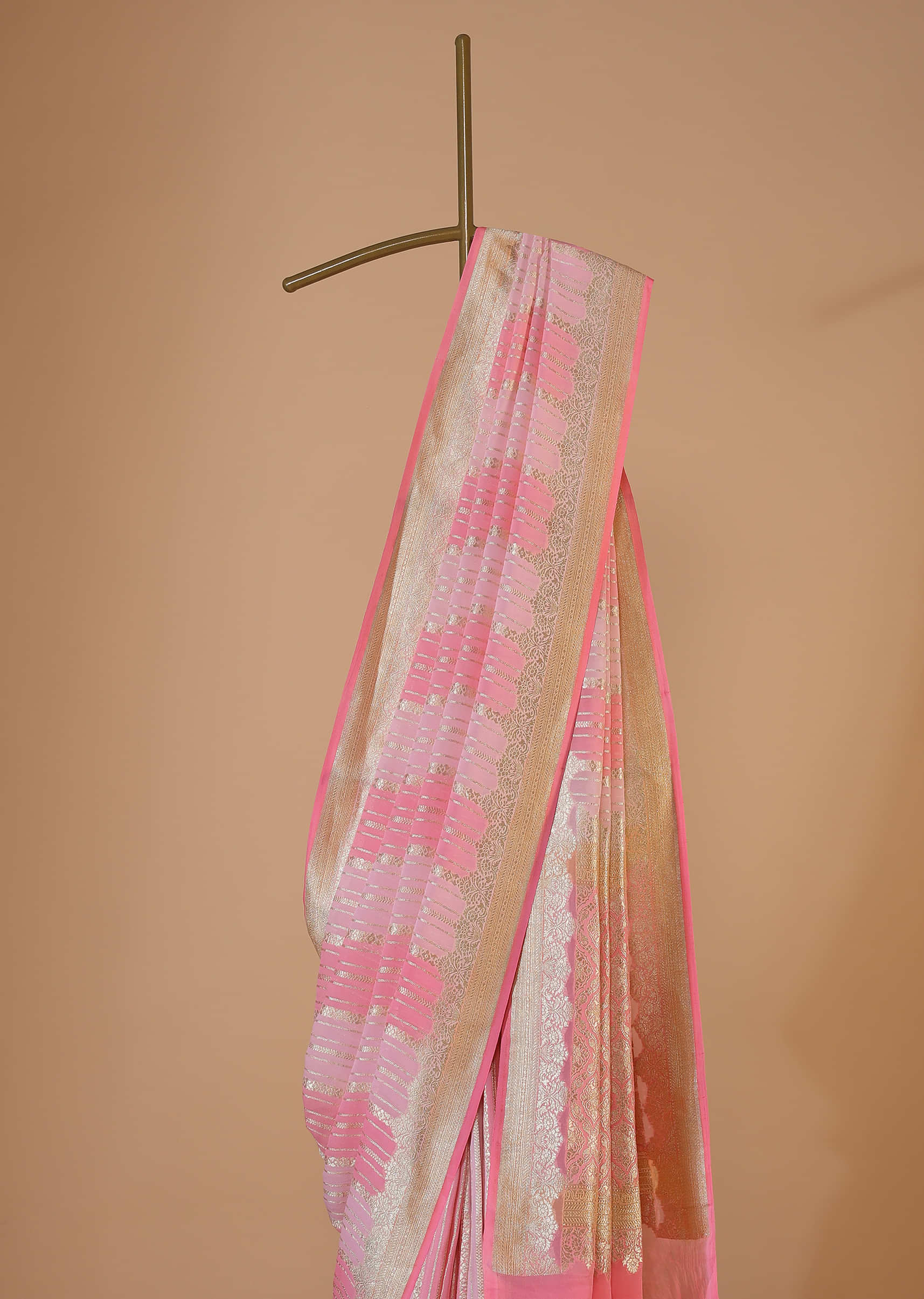 Rose Pink Georgette Khaddi Work And Zari Weave Saree With An Unstitched Blouse