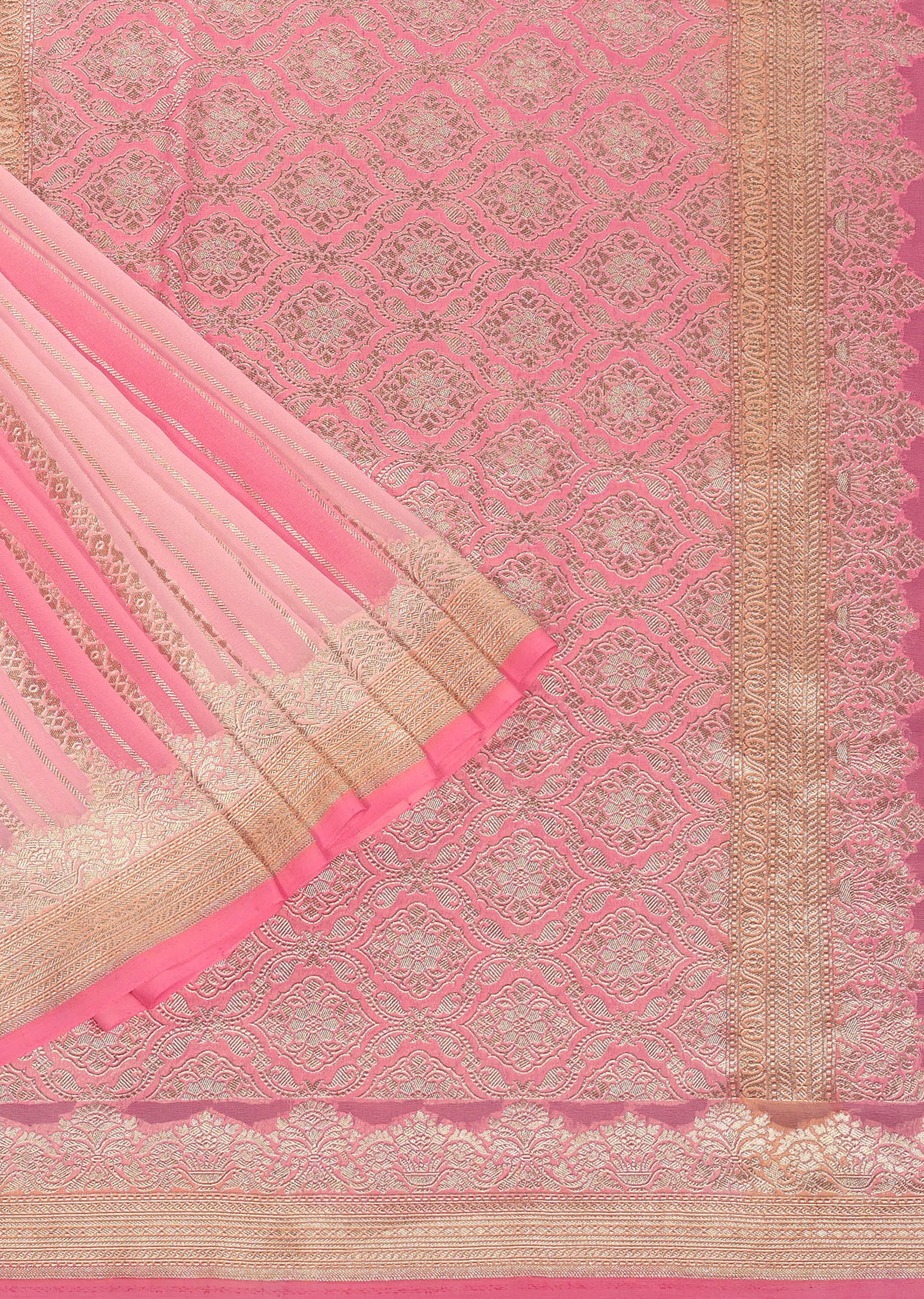 Rose Pink Georgette Khaddi Work And Zari Weave Saree With An Unstitched Blouse