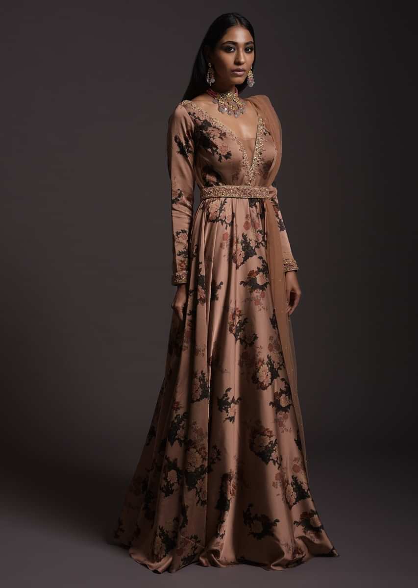Copper Peach Anarkali Suit In Milano With Floral Print, Plunging Neckline And An Embellished Belt  