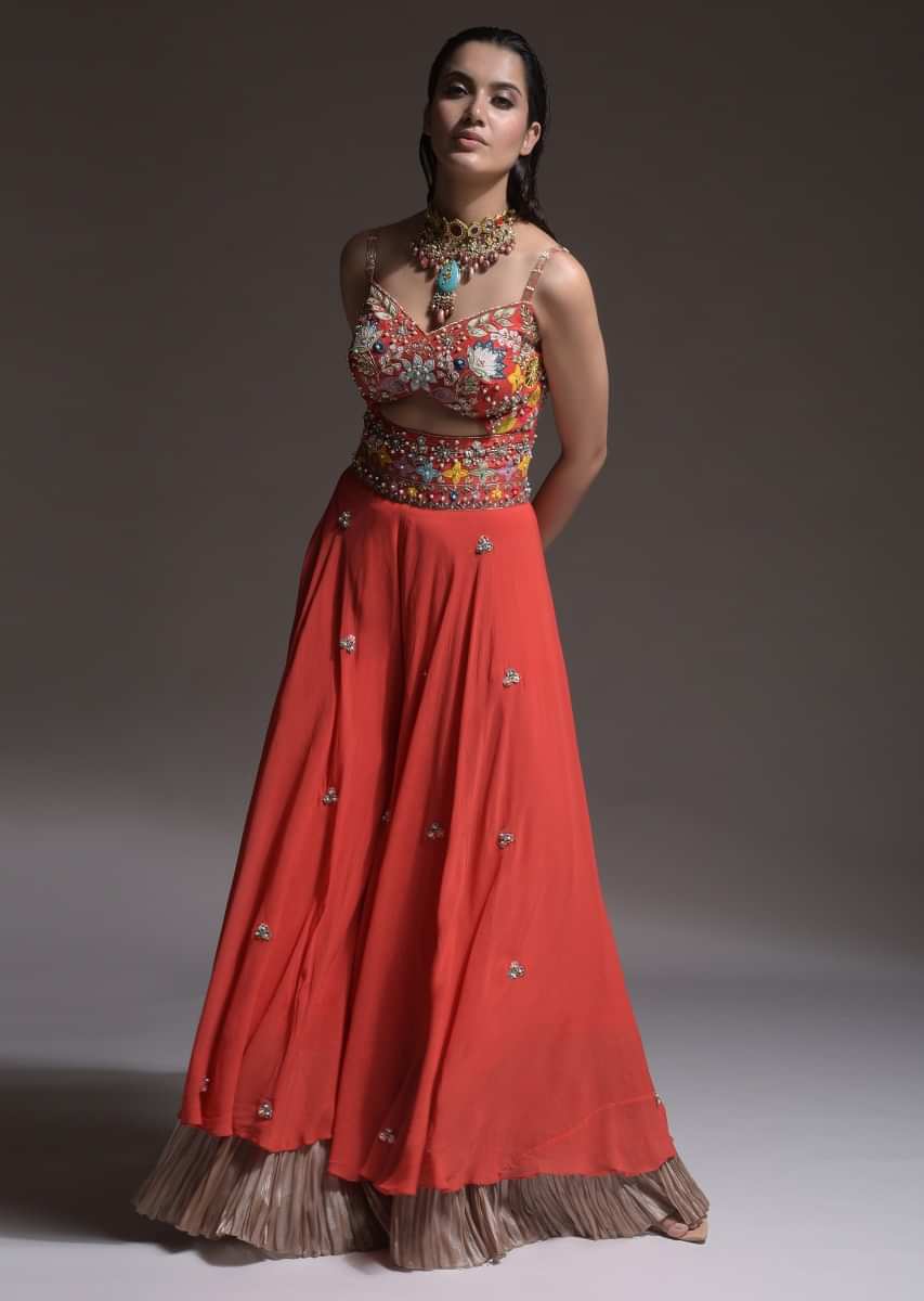 Coral Jumpsuit In Georgette With Front Cut Out And Colorful Appliqued Spring Blossoms  