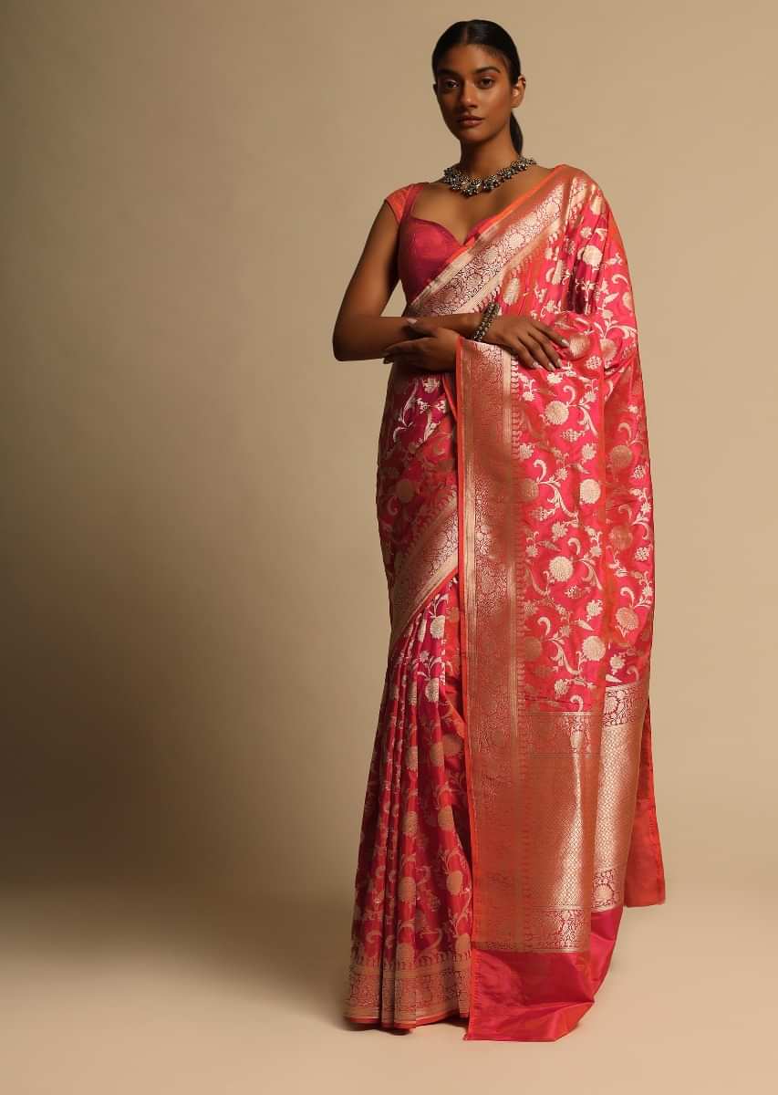 Coral Pink Two Toned Banarasi Saree In Pure Handloom Silk With Woven Floral Jaal And Floral Border Along With Unstitched Blouse Piece  