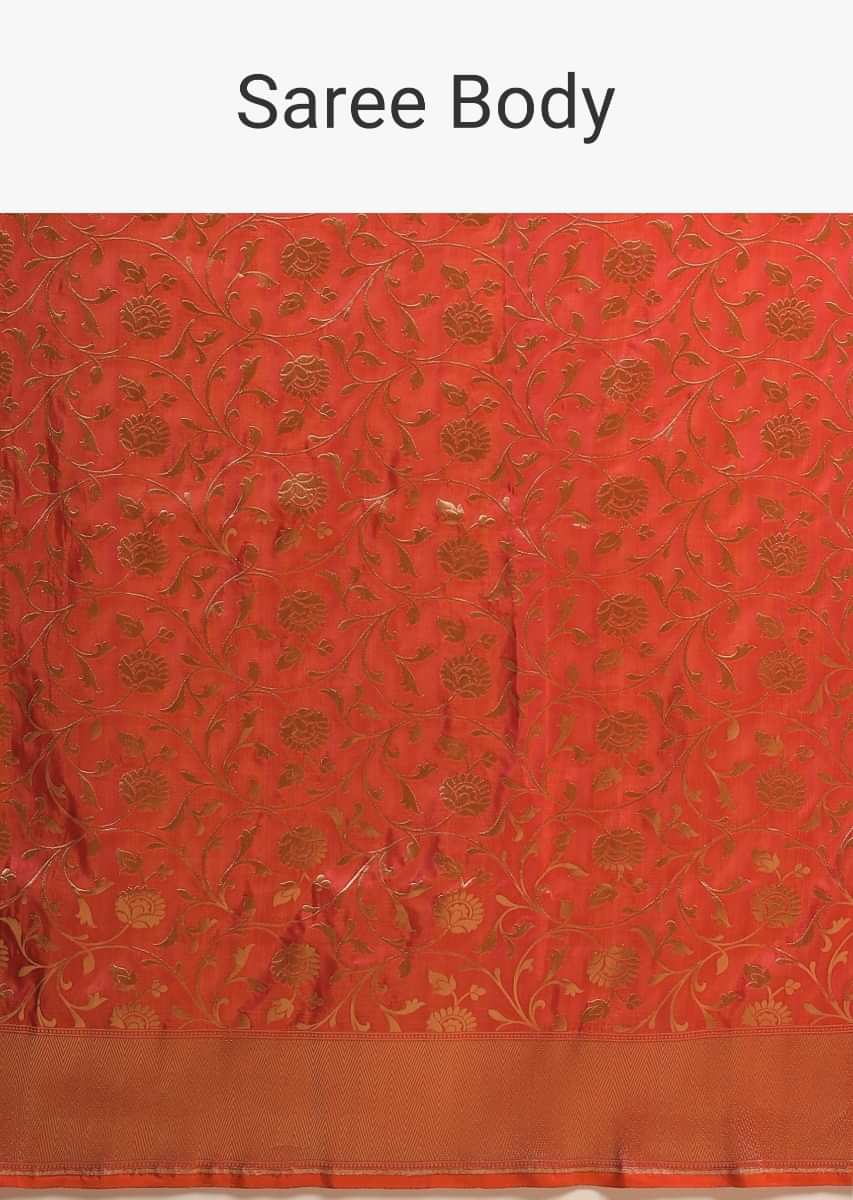 Coral Two Toned Banarasi Saree In Pure Handloom Silk With Woven Floral Jaal And Chevron Border Along With Unstitched Blouse Piece