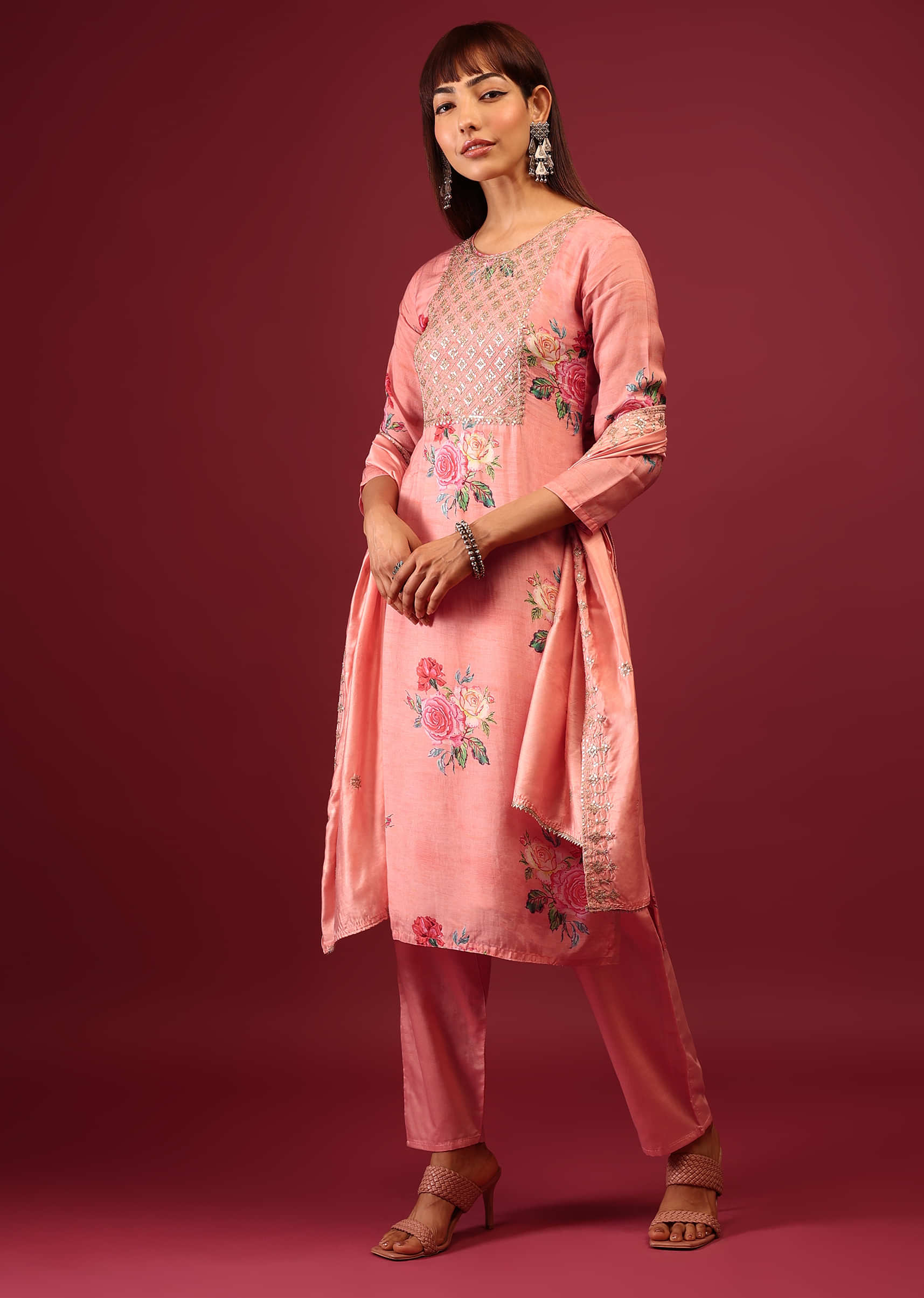 Salmon Pink Floral Print Pant Suit In U Neckline And Zari & Sequin Embroidery