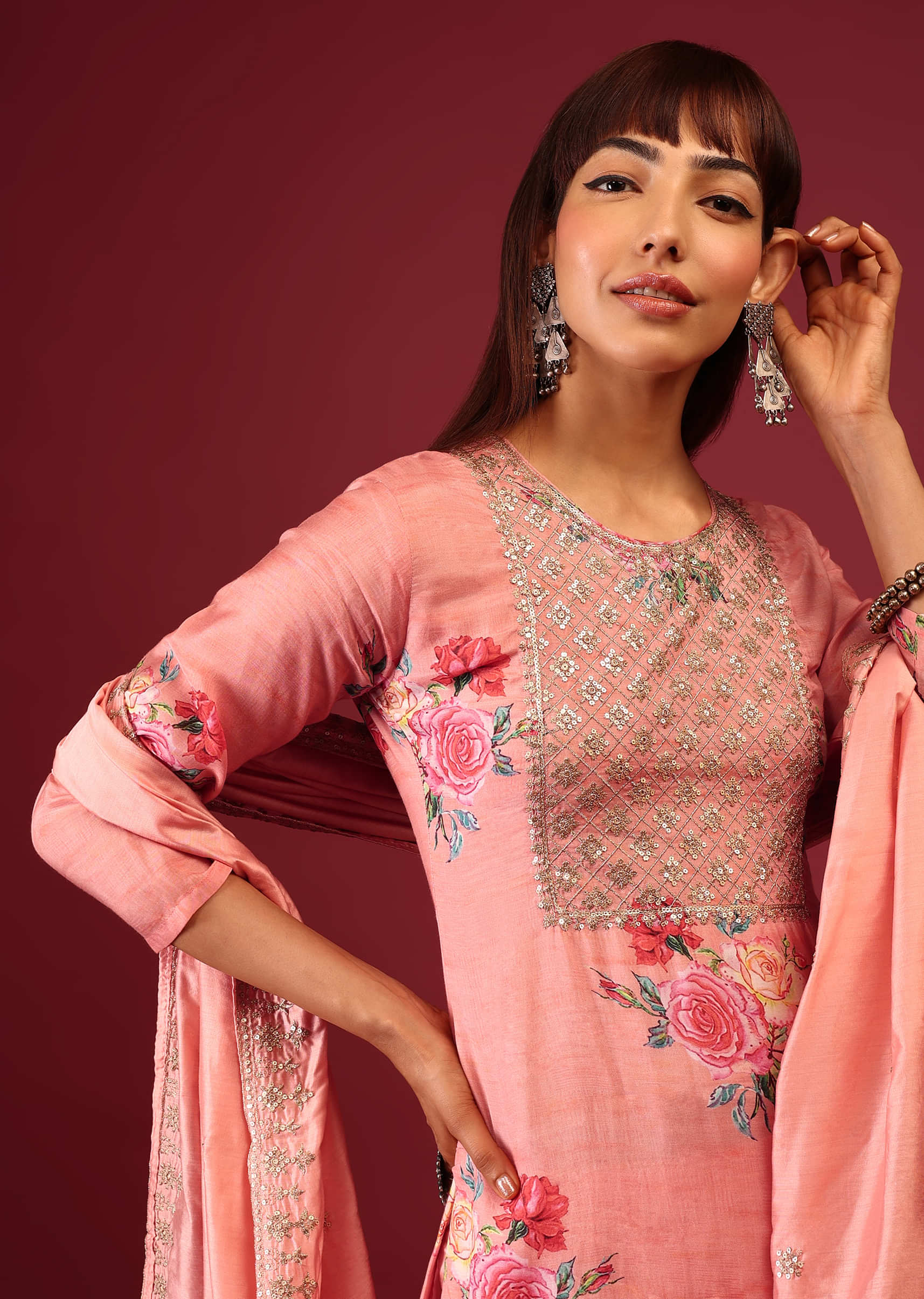 Salmon Pink Floral Print Pant Suit In U Neckline And Zari & Sequin Embroidery