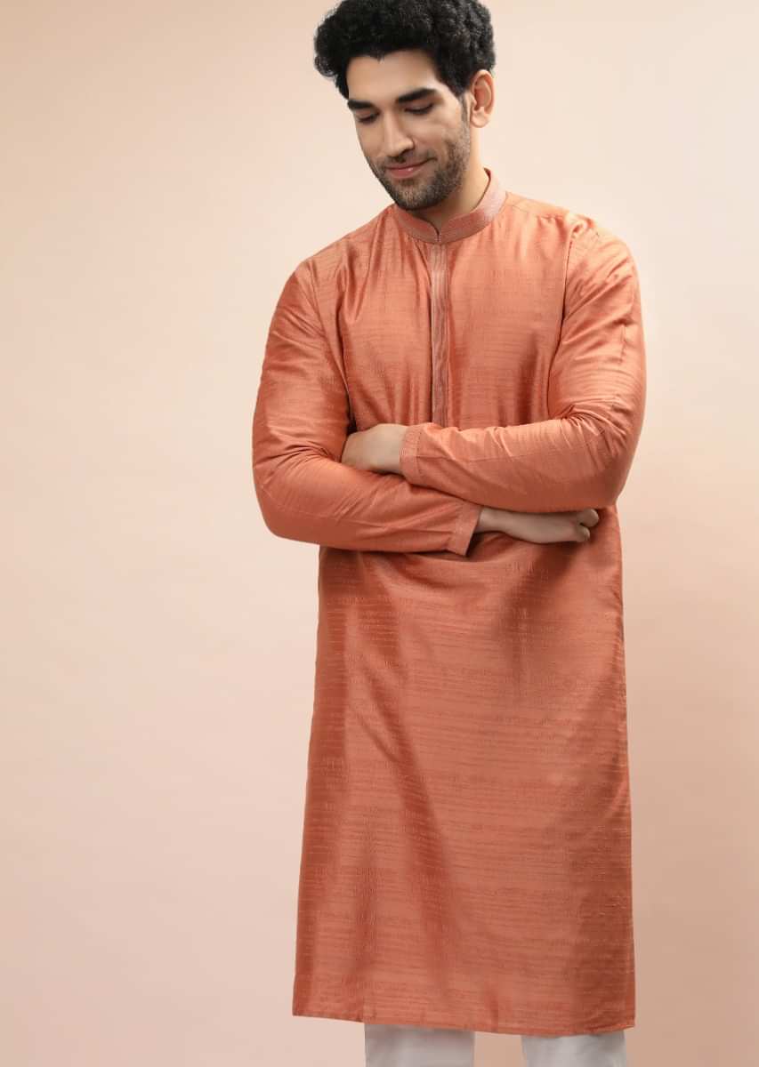 Coral Peach Nehru Jacket And Kurta Set With Resham And Mirror Embroidered Buttis And Stripe Design  