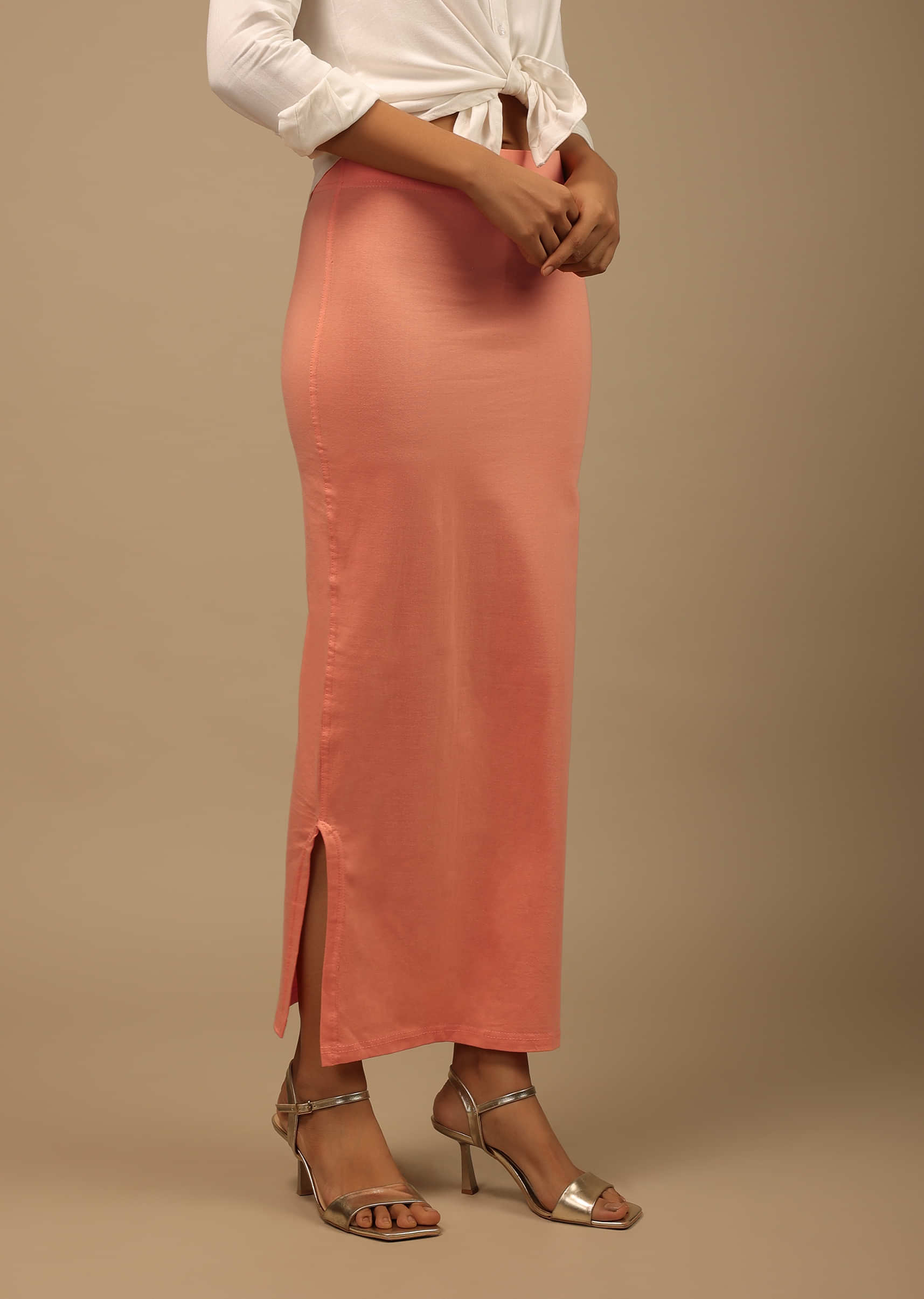 Coral Peach Shapewear Saree Petticoat In Cotton Lycra With Elastic Waistband And Slit
