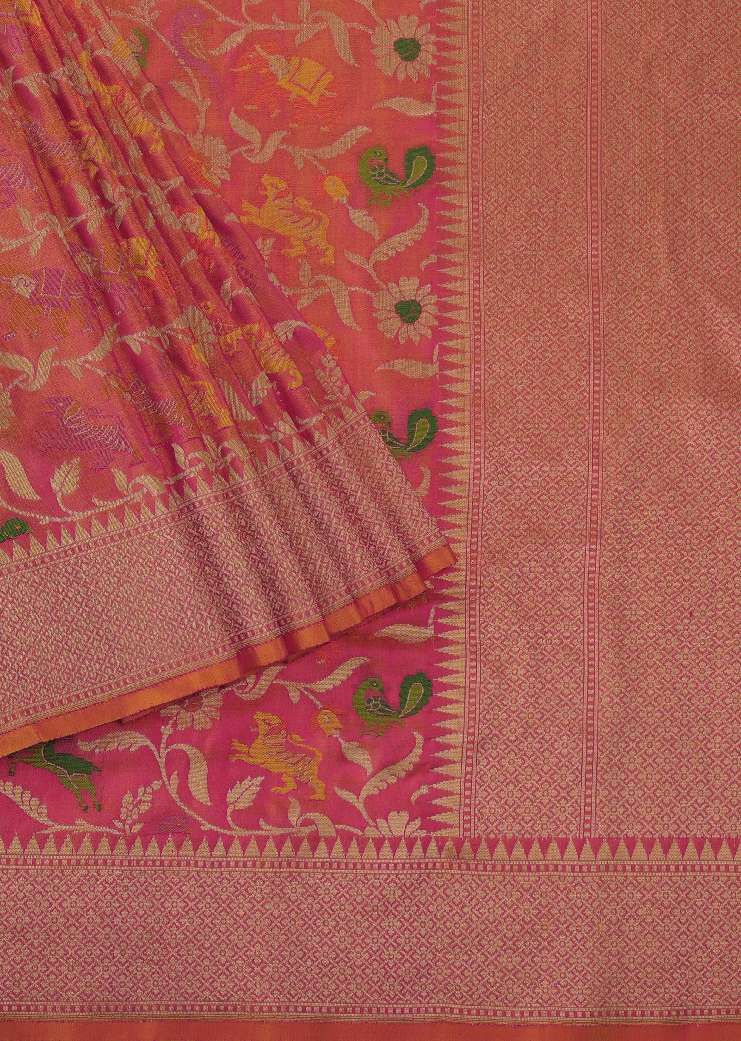 Coral Pink Banarasi Saree With Yellow Shade And Floral Banarasi Kadhava Jaal Weave In Katan Silk