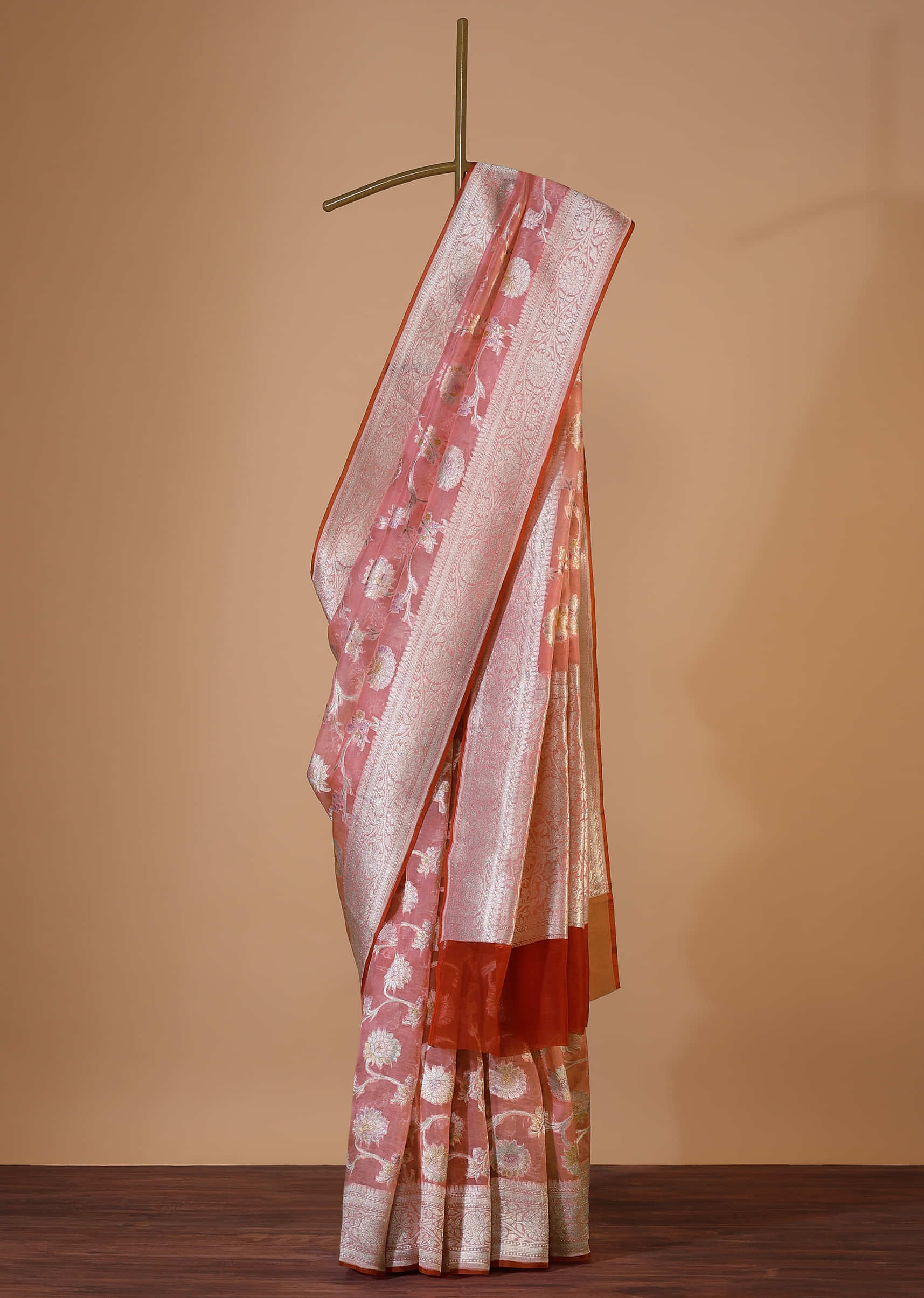 Salmon Pink Banarasi Saree In Zari Woven Georgette With An Unstitched Blouse 