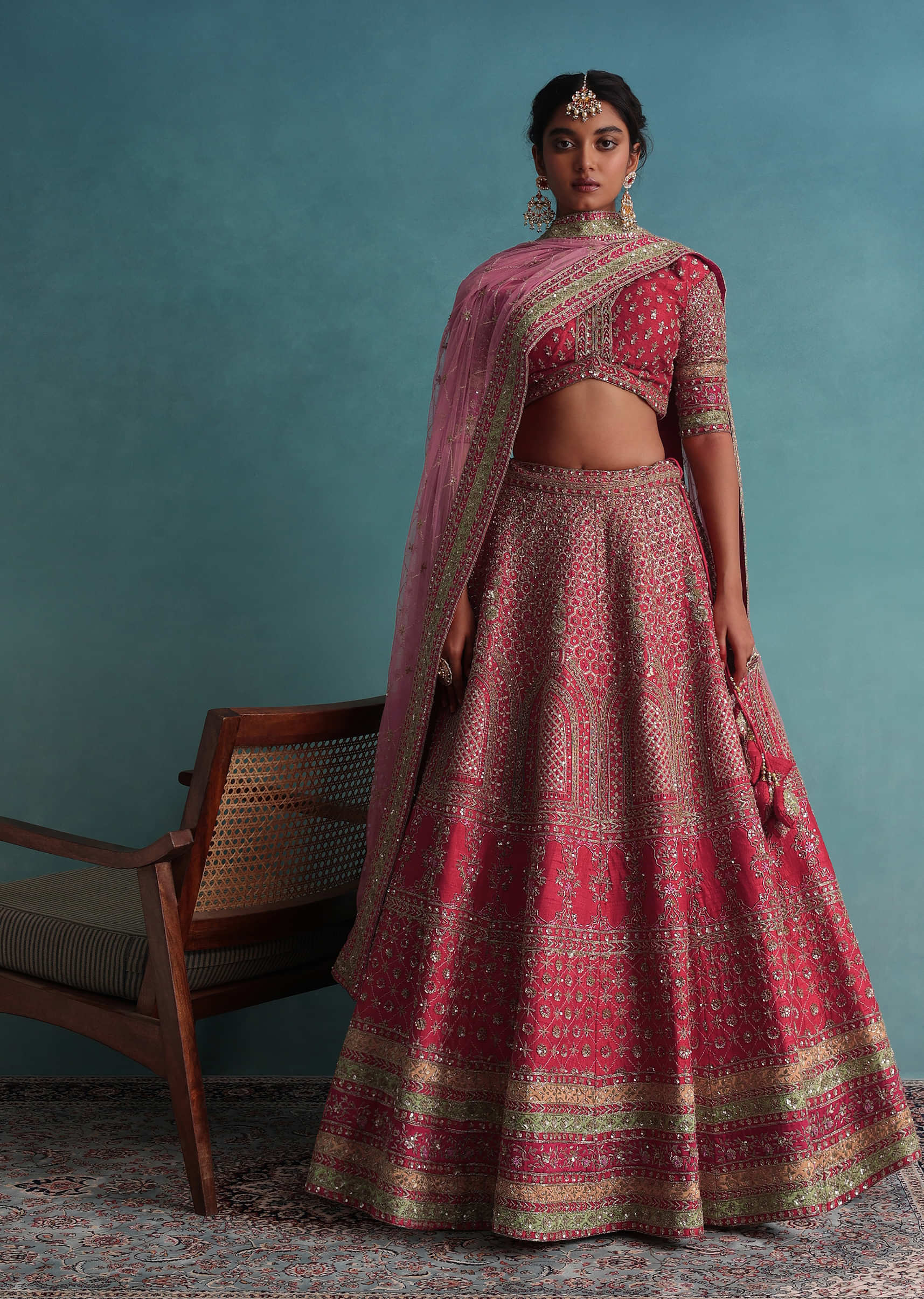 Coral Pink Embroidered 12 Kali Bridal Lehenga With Multicolor Hem And Embroidered Belt In Raw Silk