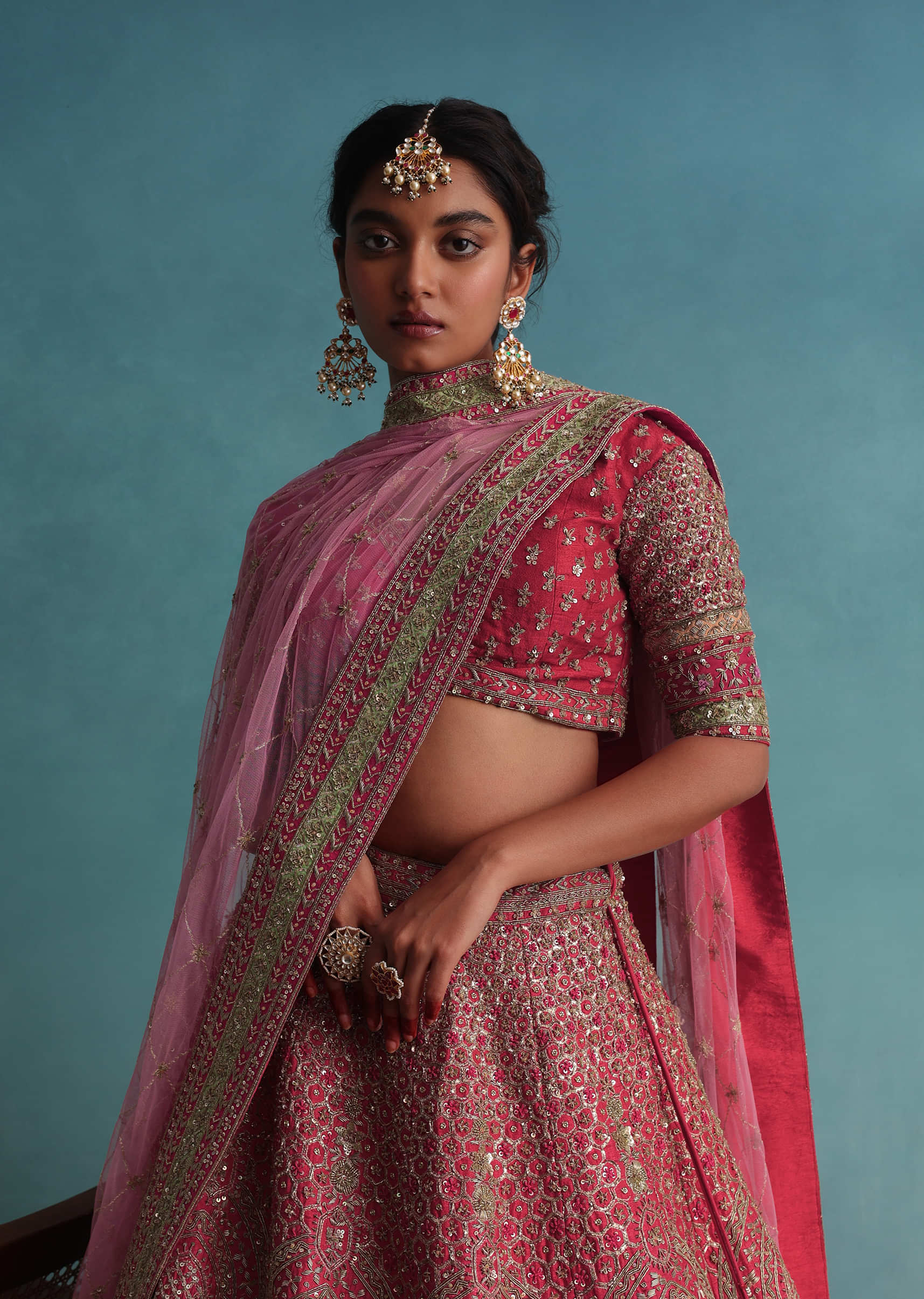 Coral Pink Embroidered 12 Kali Bridal Lehenga With Multicolor Hem And Embroidered Belt In Raw Silk